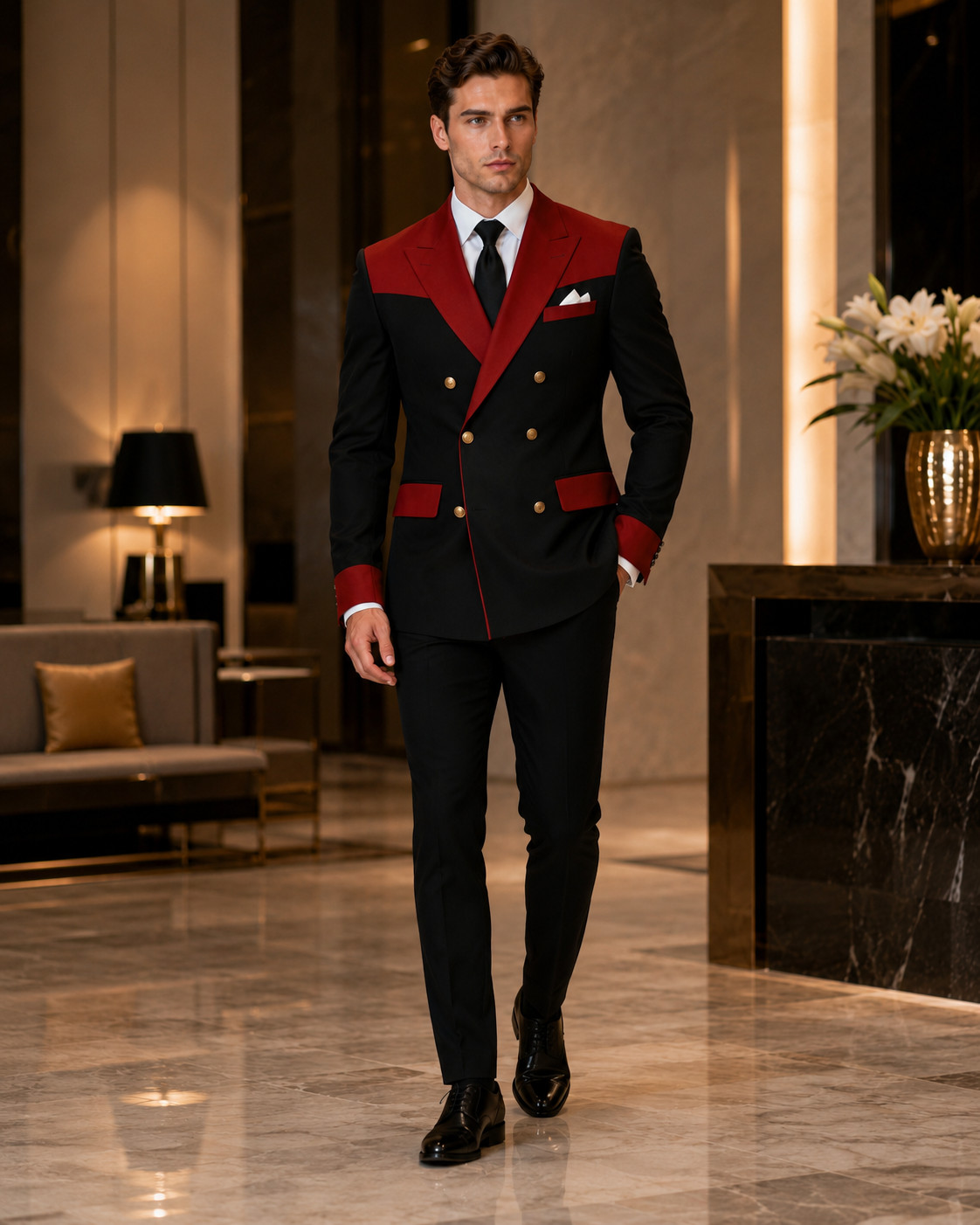 Mens Black Red Double Breasted Tuxedo Suit Gold Button Wedding Groom Prom Wear