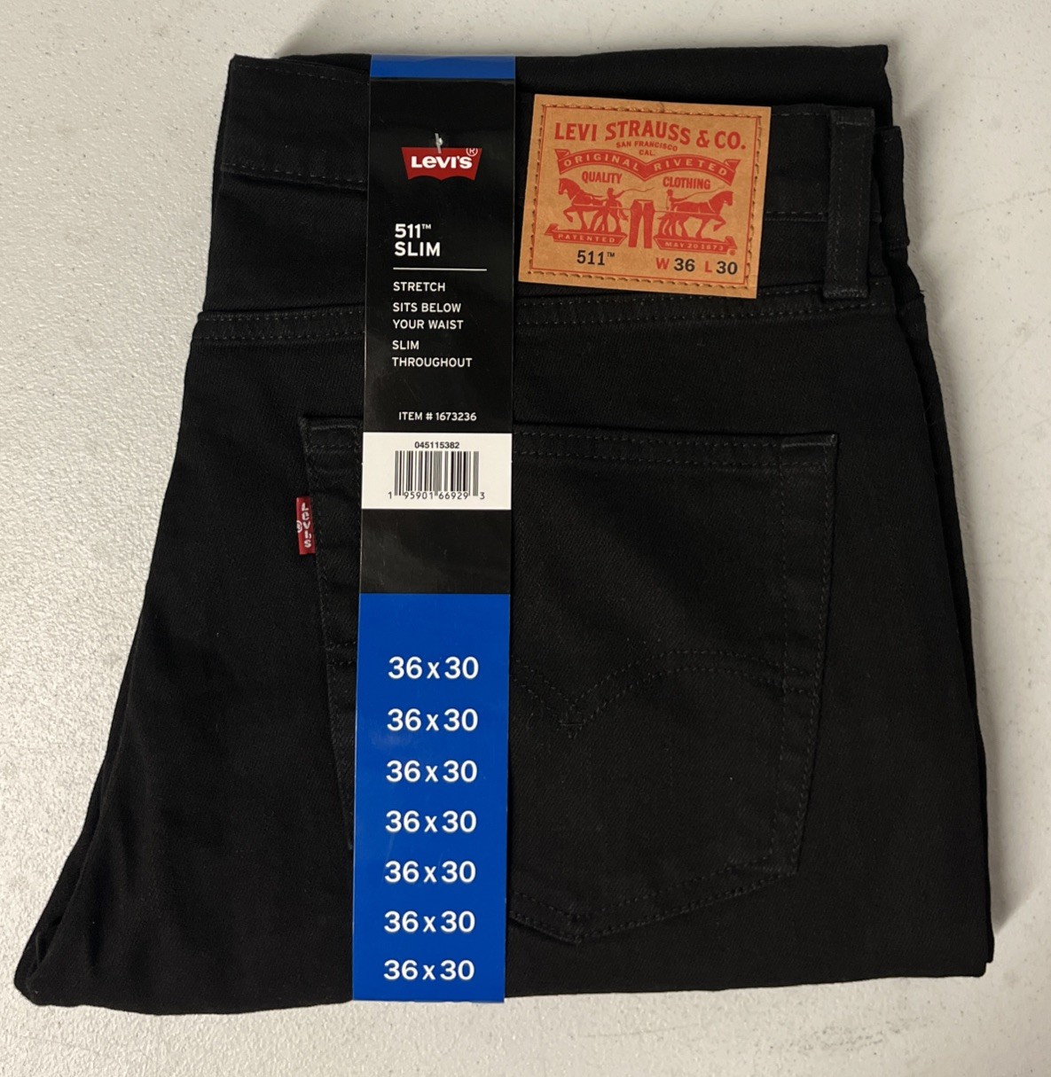 Levis 511 Slim Fit Mens BLACK Denim Jeans Red Tab Stretch 36×30 Sits Below Waist