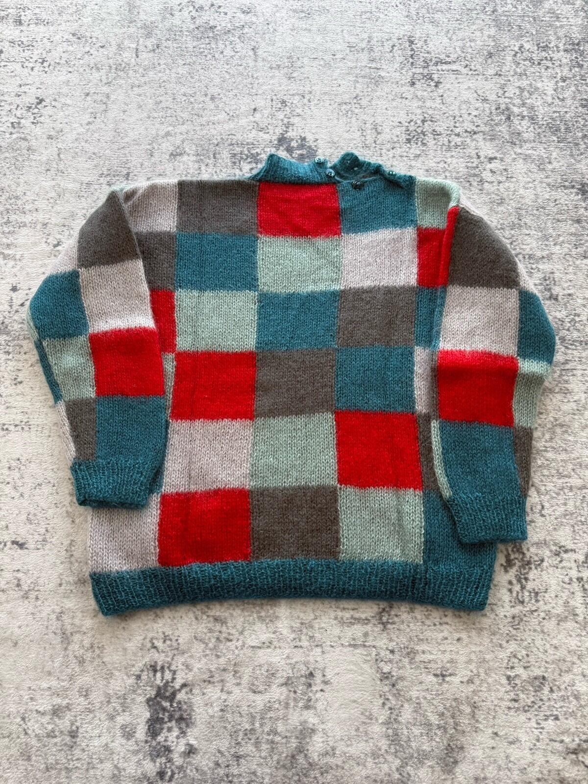 Hand knitted Jumper Womens 14 Blue Block Colour Funky Fuzzy Retro Cozy