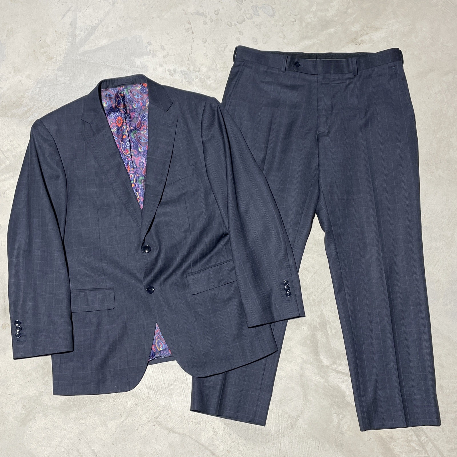 Savile Row Bespoke Grey Purple Plaid Wool Trevira Two-Piece Suit SZ L 36×29