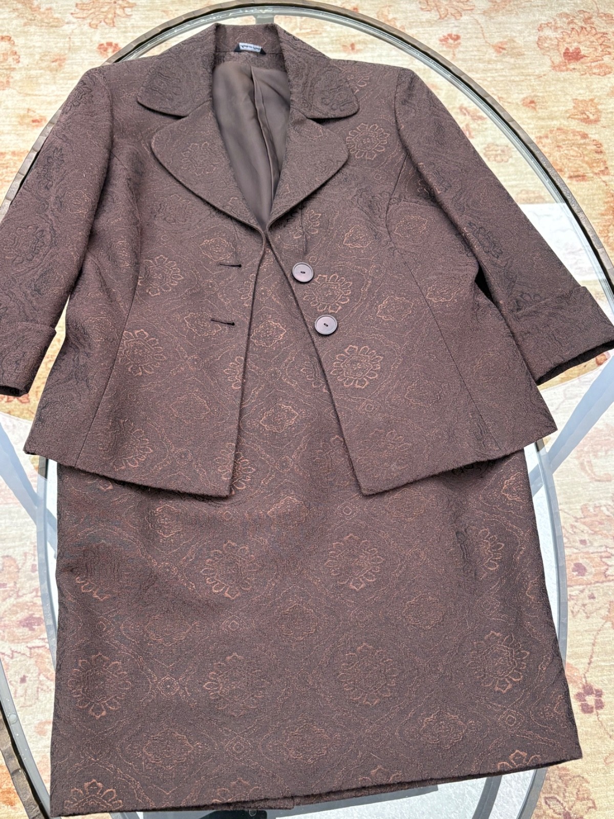 Women’s Cinzia Rocca Size 10 brown dressy suit. Slim skirt, 2-button jacket.