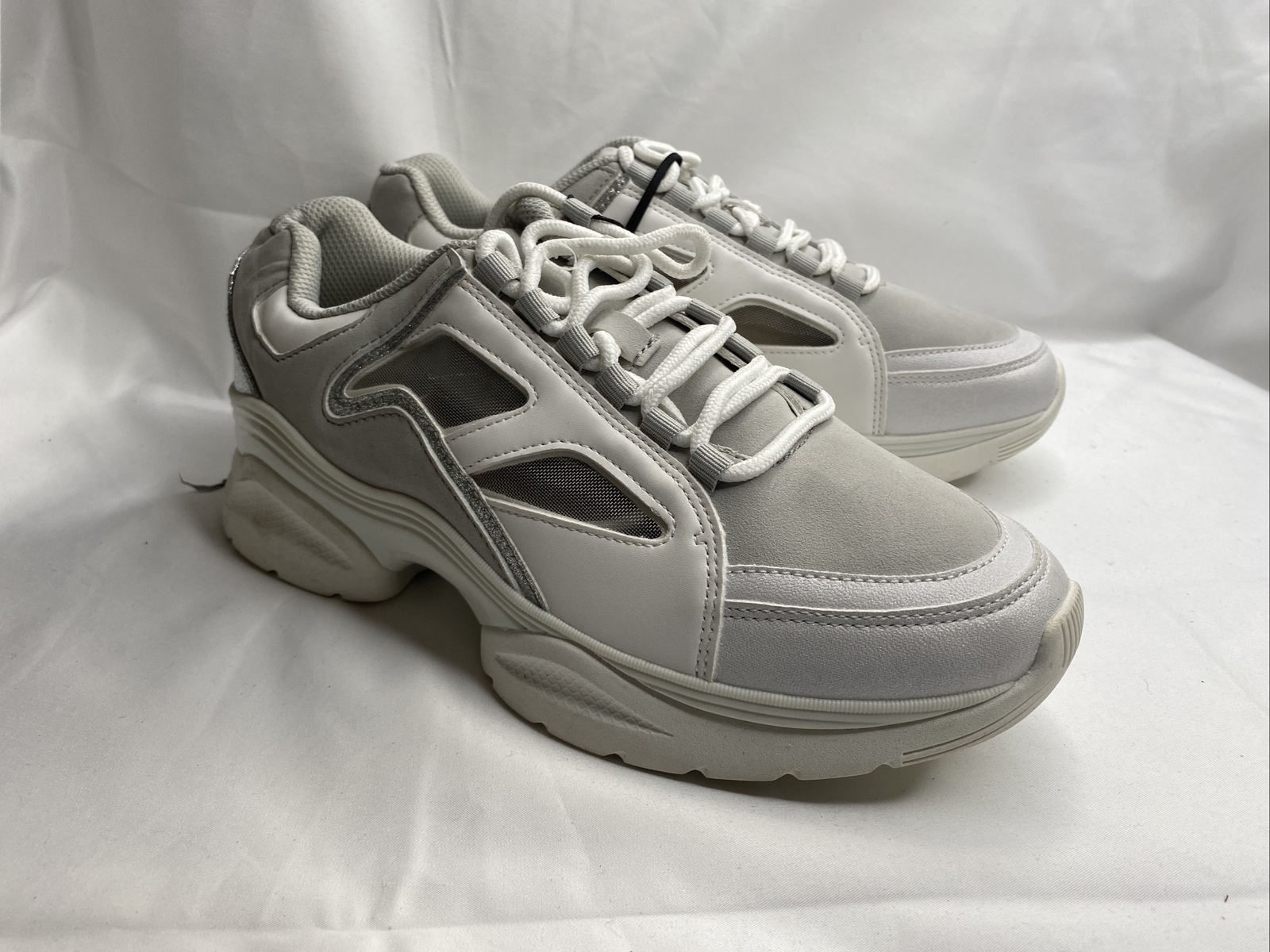 NEW ZARA White Silver Fashion SHINY MESH SNEAKERS Lace up USA 9 EU 40 K48