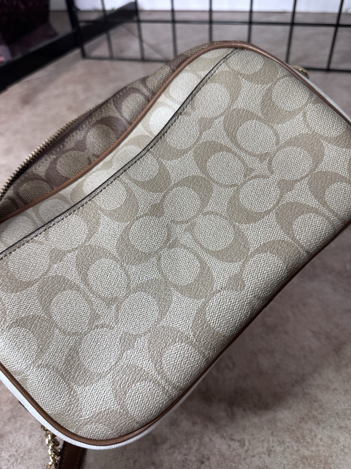 Coach Signature Mini Leather Camera Crossbody Bag Gold/Tan/Brown Chain