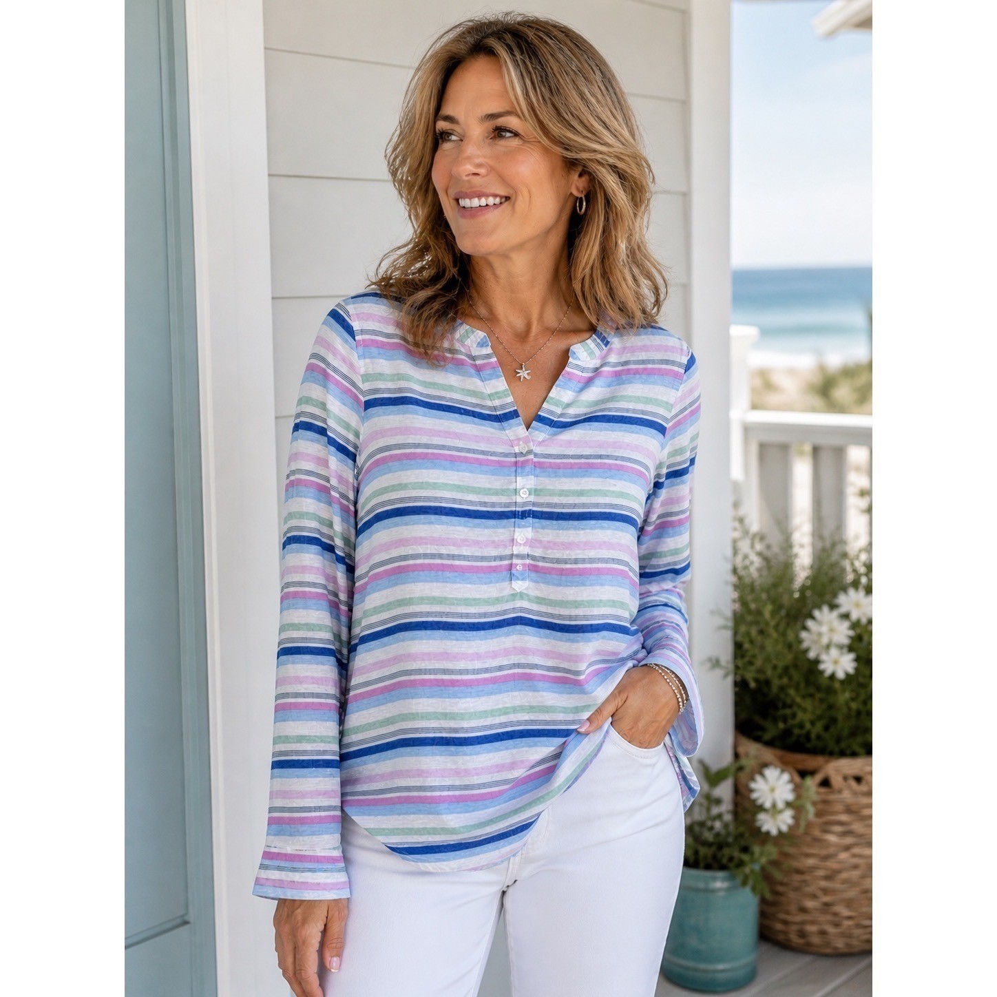 Talbots Linen Tunic Top Roll Tab Sleeve Multi Color Stripe Size XS Coastal