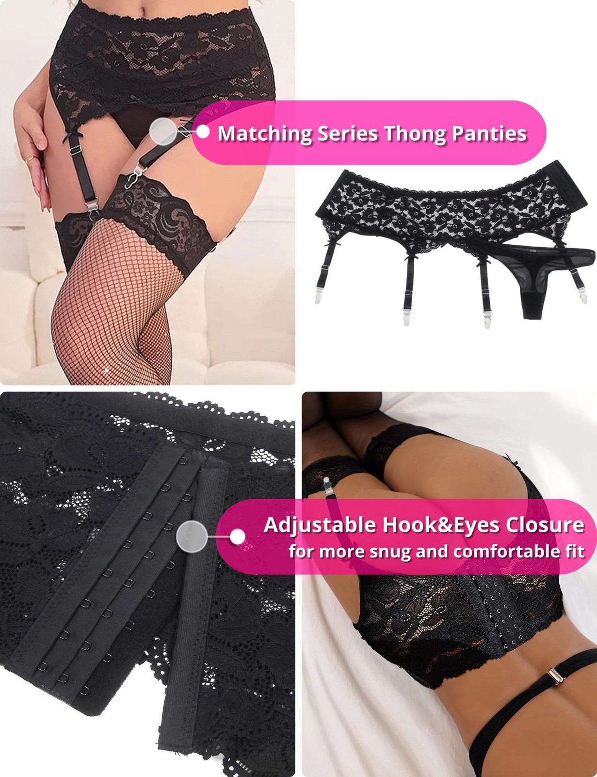 2 Pcs Plus Size High Waisted Black Lace Lingerie Garter Belts with Thong Sets…