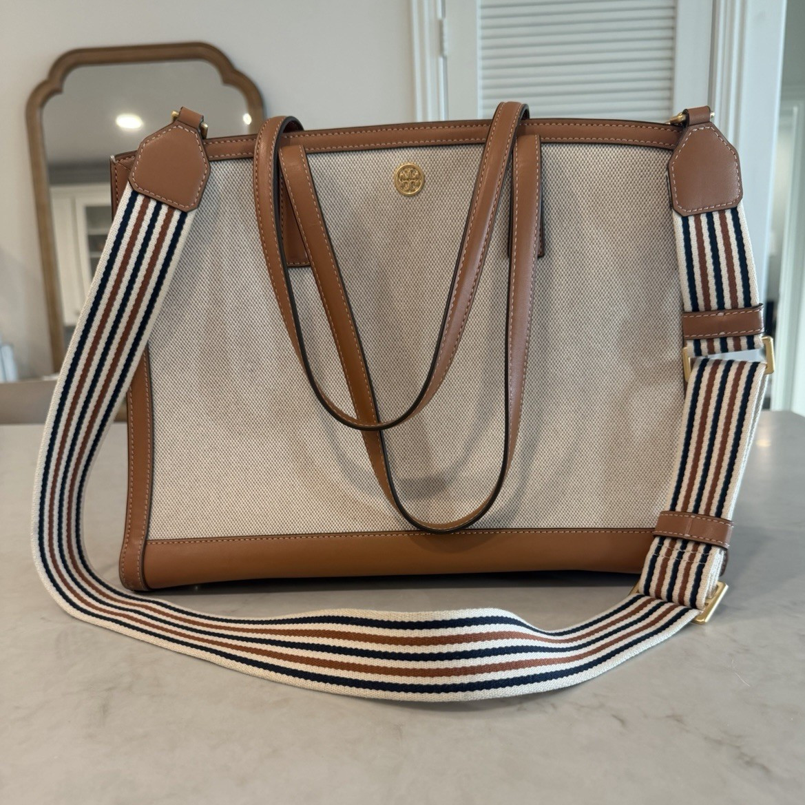 Tory Burch Striped Tote Bag Beige/Brown Zip Closure Adjustable Detachable Strap