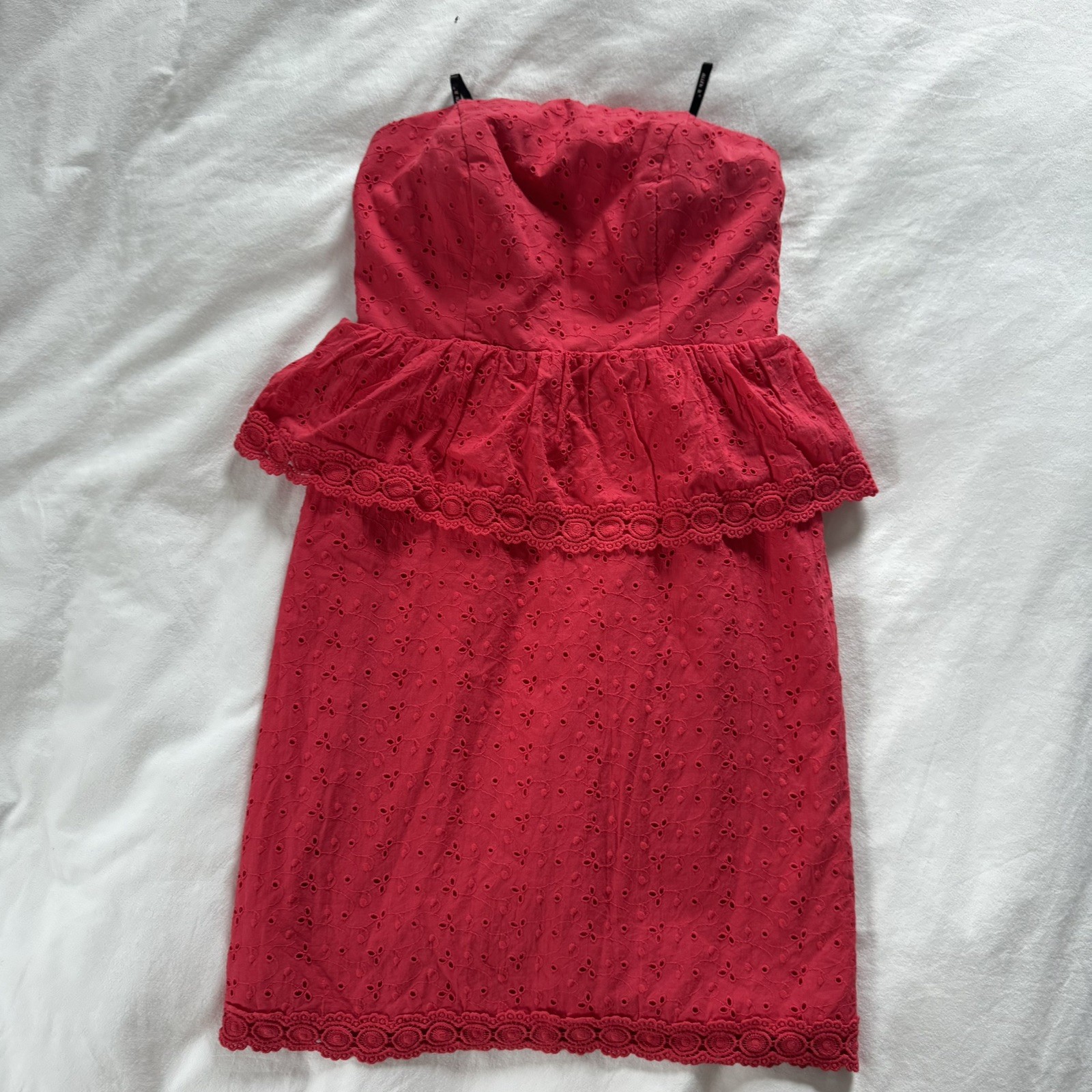 Allen B strapless dress Size 4 Bright Red Eyelet lace fabric Ruffle overlay