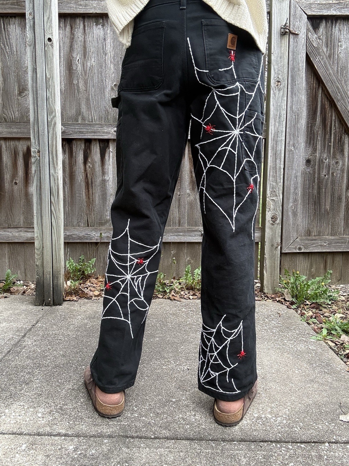 Custom Rework Carhartt Faded Black Jeans – Embroidered Spider Web Size 28×32