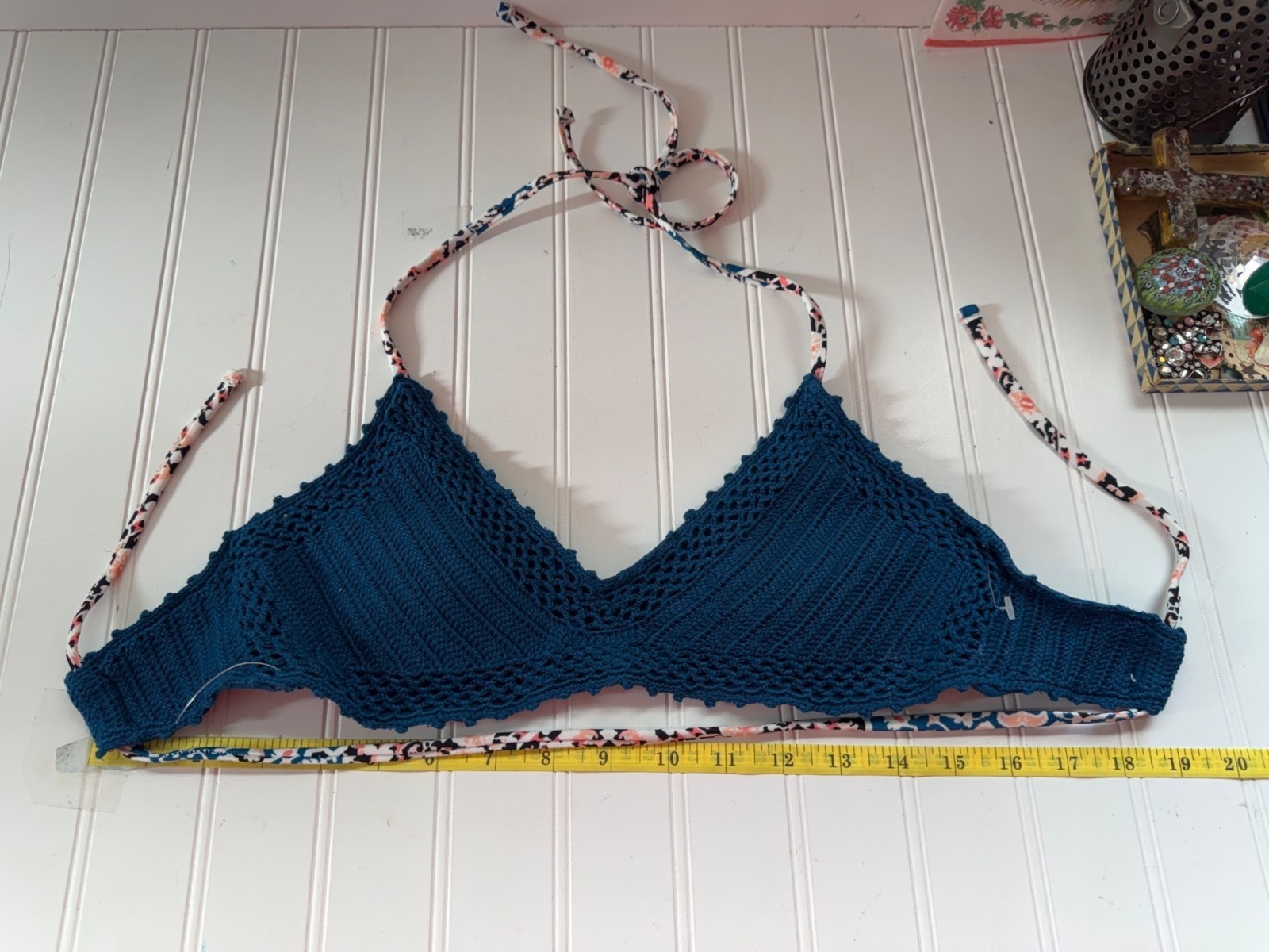 Xhilaration Crochet Bikini Top Floral Tie Straps Blue M Hand Wash Triangle Shape