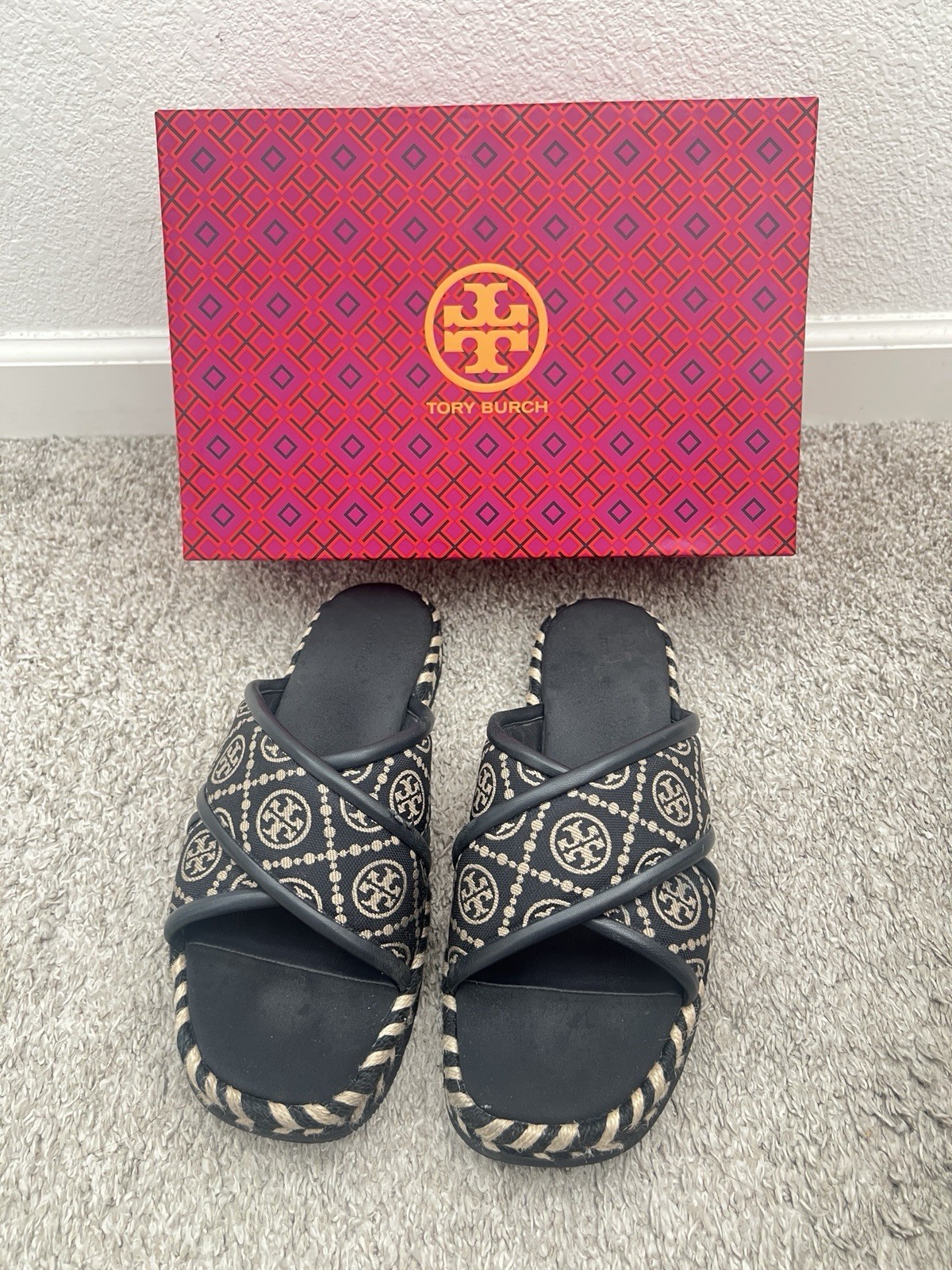 Tory Burch T Monogram Cross Espadrille Slide Sandal Navy Blue Sz10