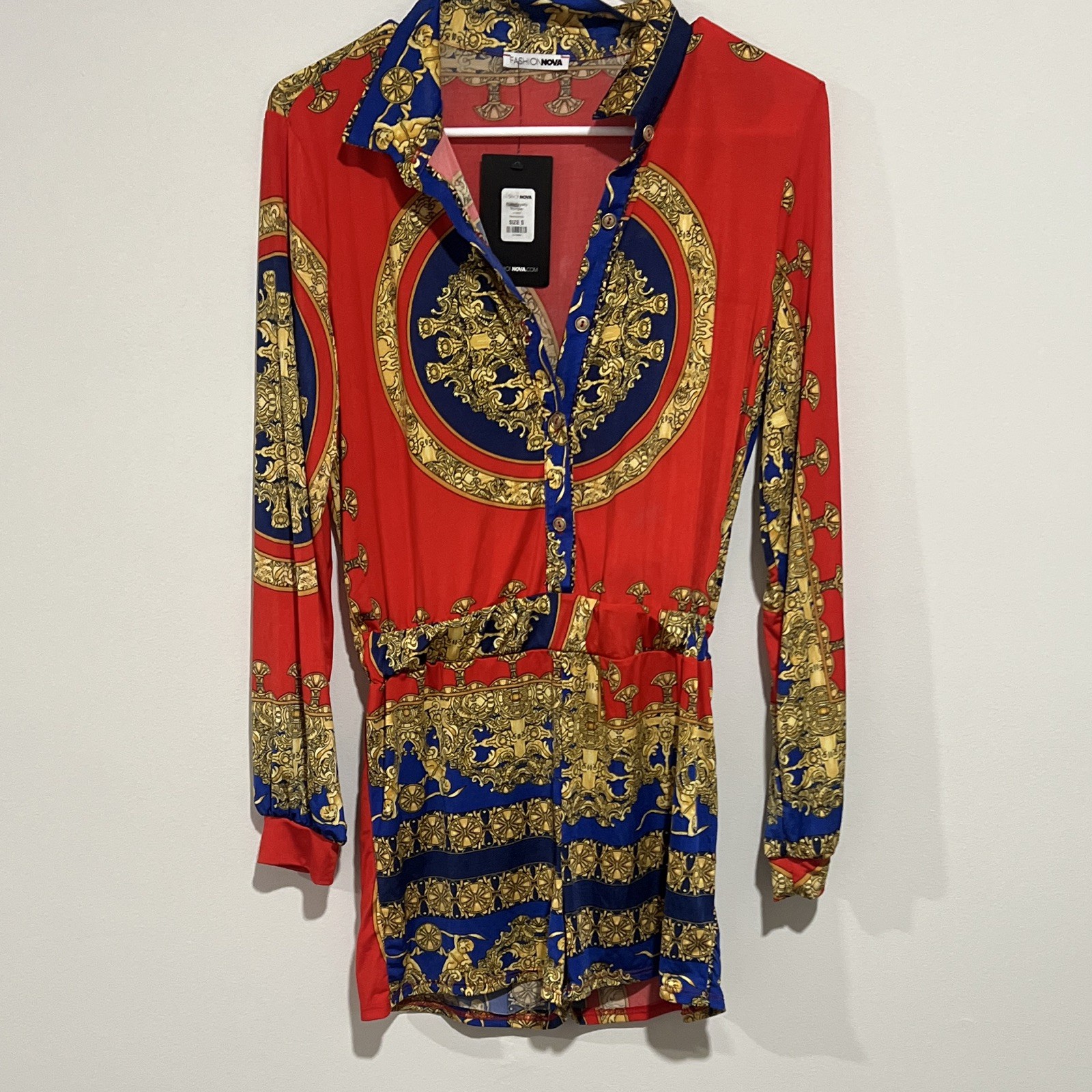Fashion Nova Baroque Print Long Sleeve Collared Romper Red Combo Size S J10650