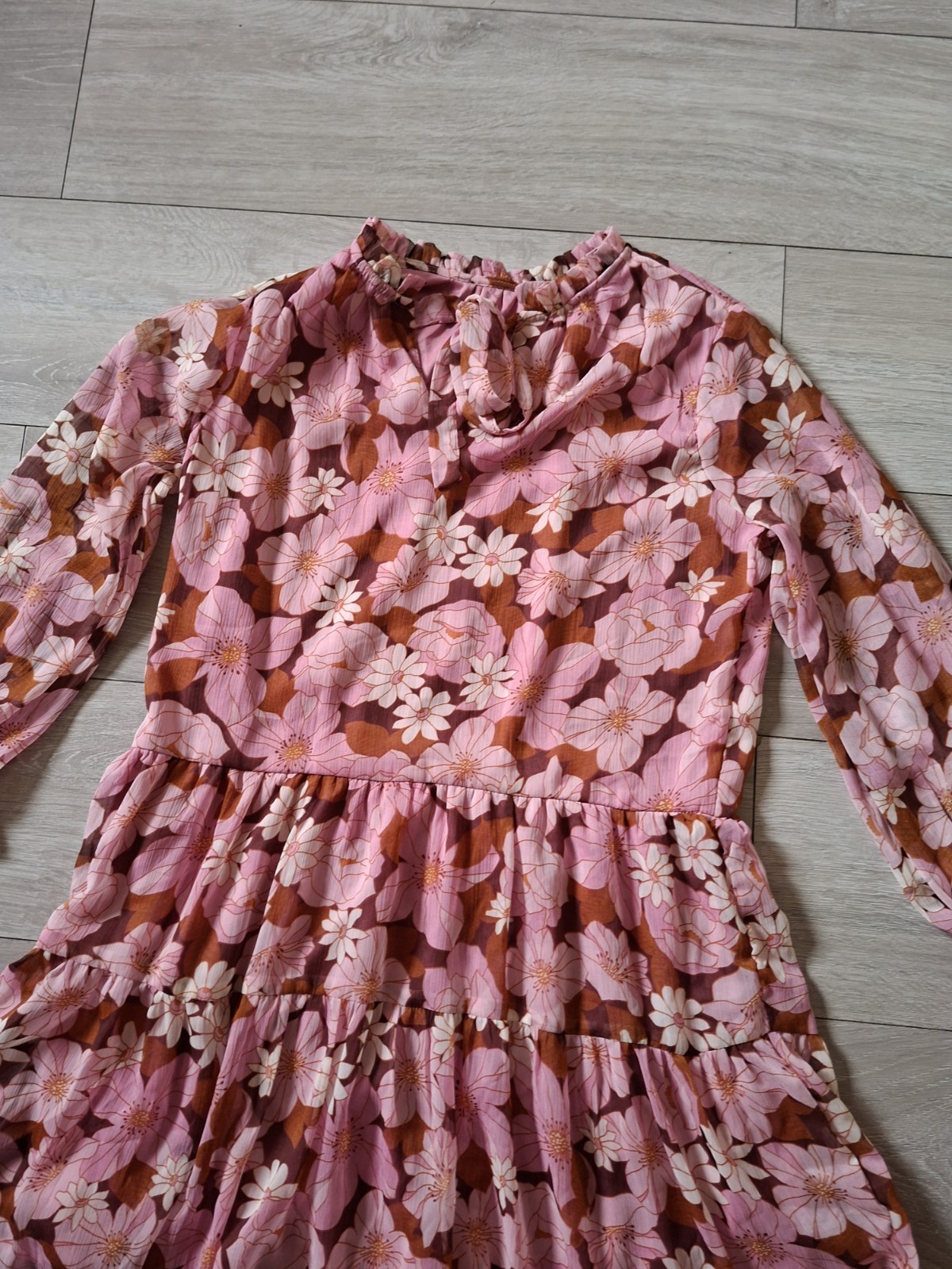 Brown & Pink Floral Flared Smock Dress Tiered Frill Party Sheer Boho Retro UK14