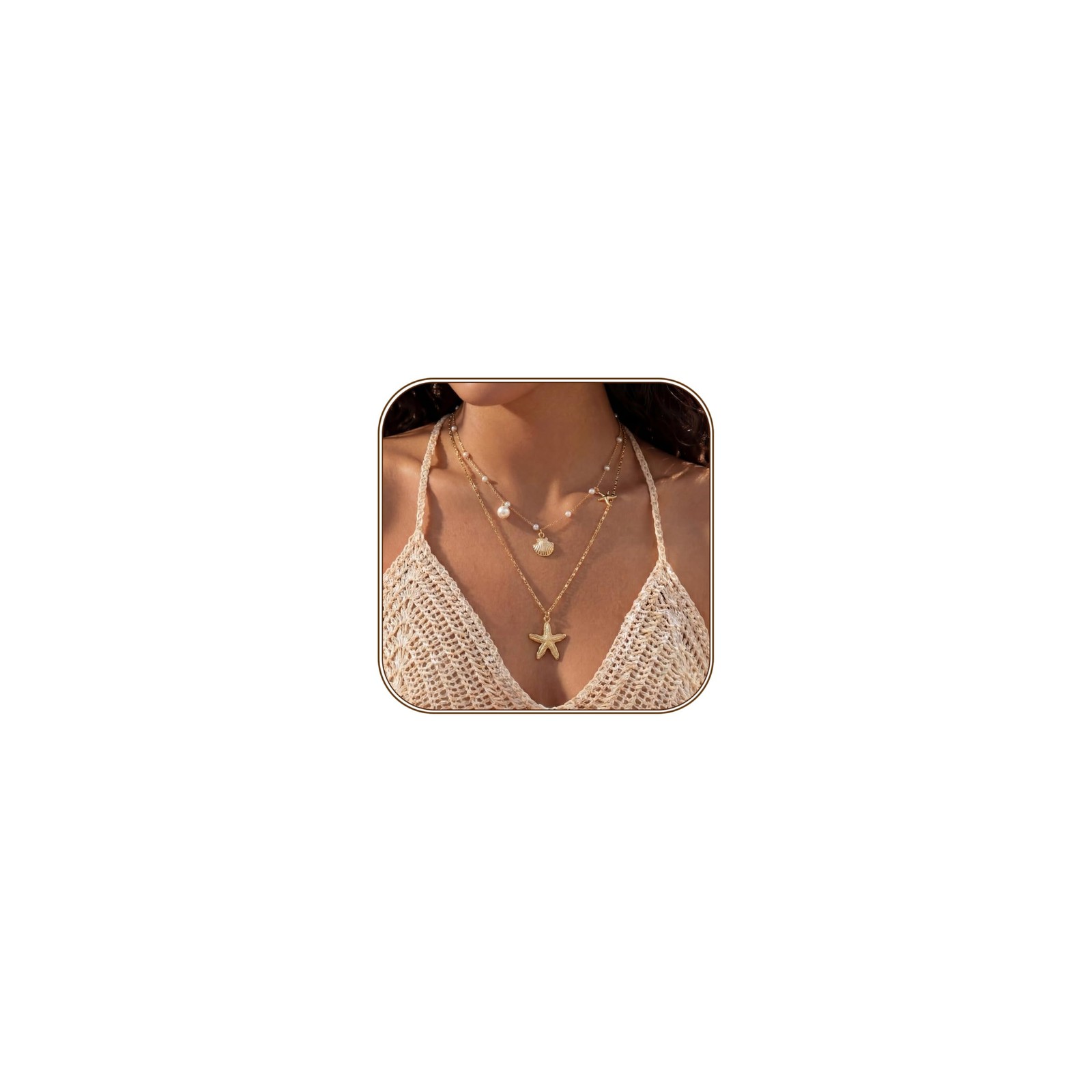 Shell Starfish Necklace for Women, Gold Plated Layered 15.75in.+2.36in.,