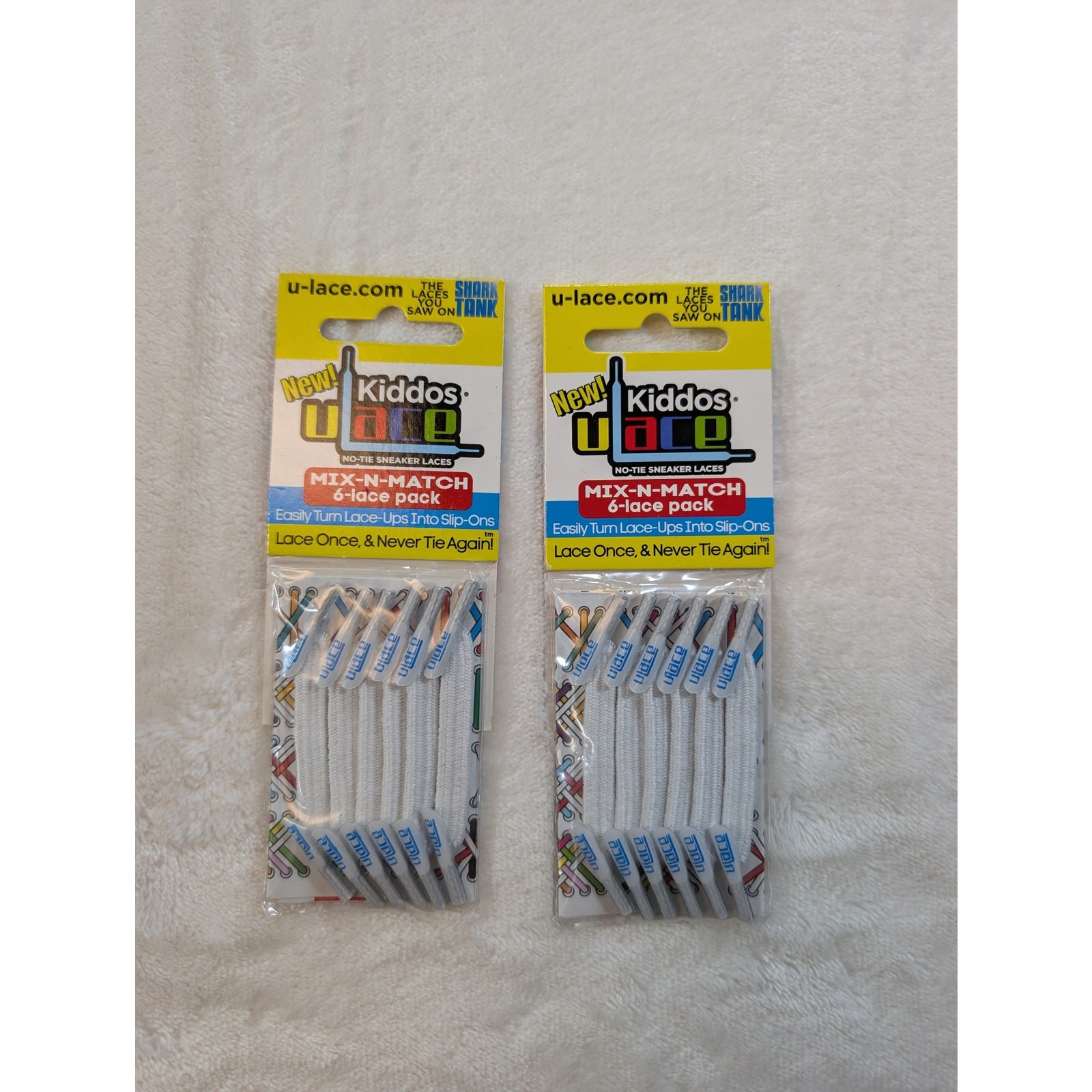 Lot of 2 U-Lace Kiddos No Tie Sneaker Laces White 6 Lace Pack Shark Tank New