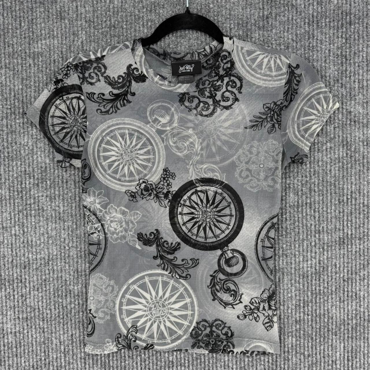 Just Polly New York y2k mesh compass baby tee gray sheer fitted top size Small