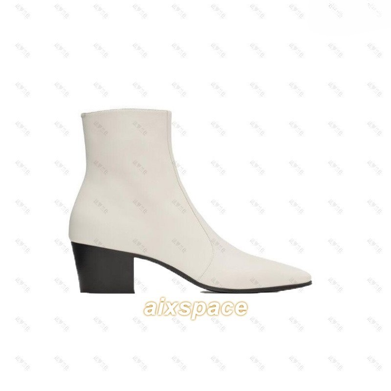 Mens White Leather Pointed-toe Mid Block Heel 6CM Chelsea Ankle Boots British