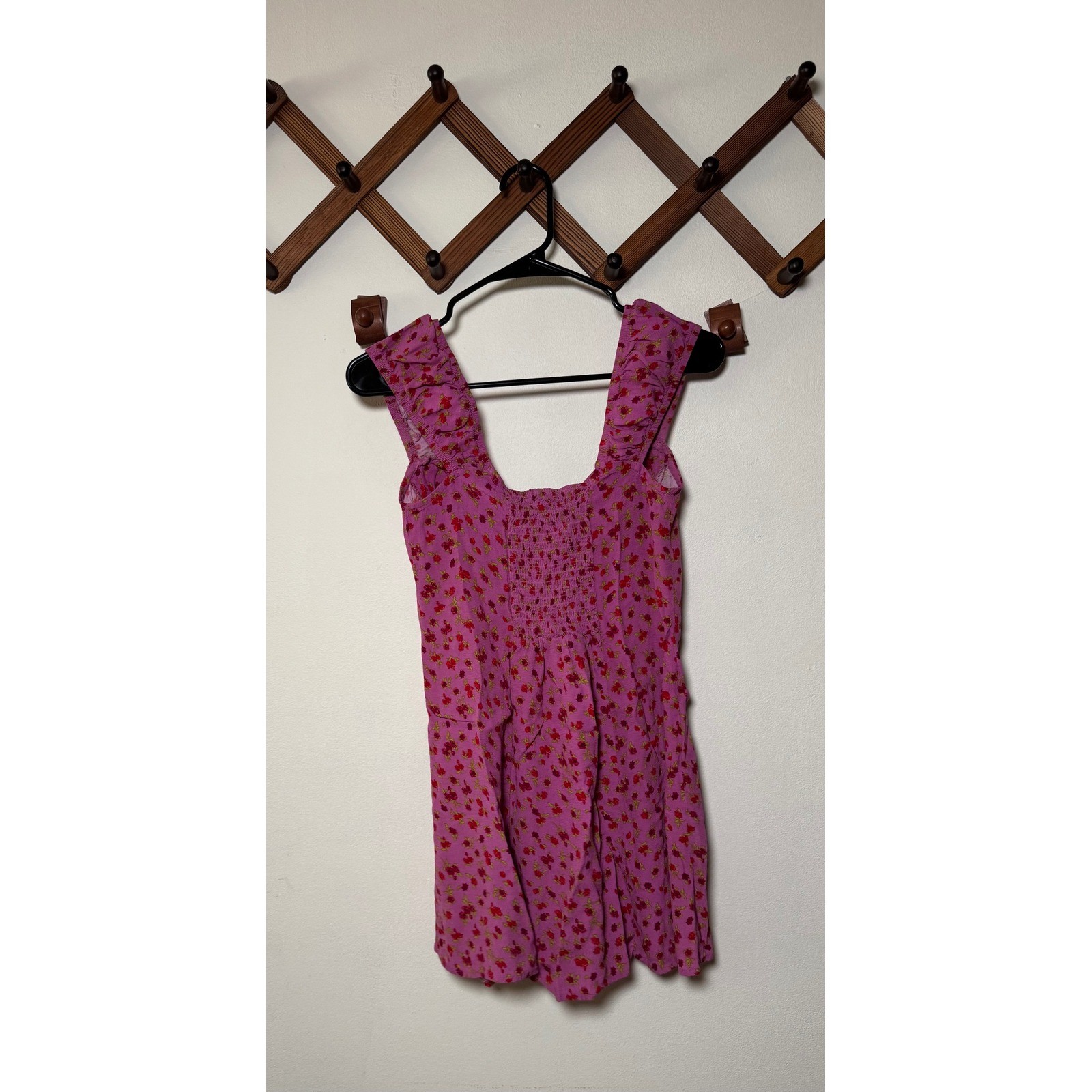 Pink Floral Milkmaid Mini Dress Small Ruffle Strap Smocked Back Summer