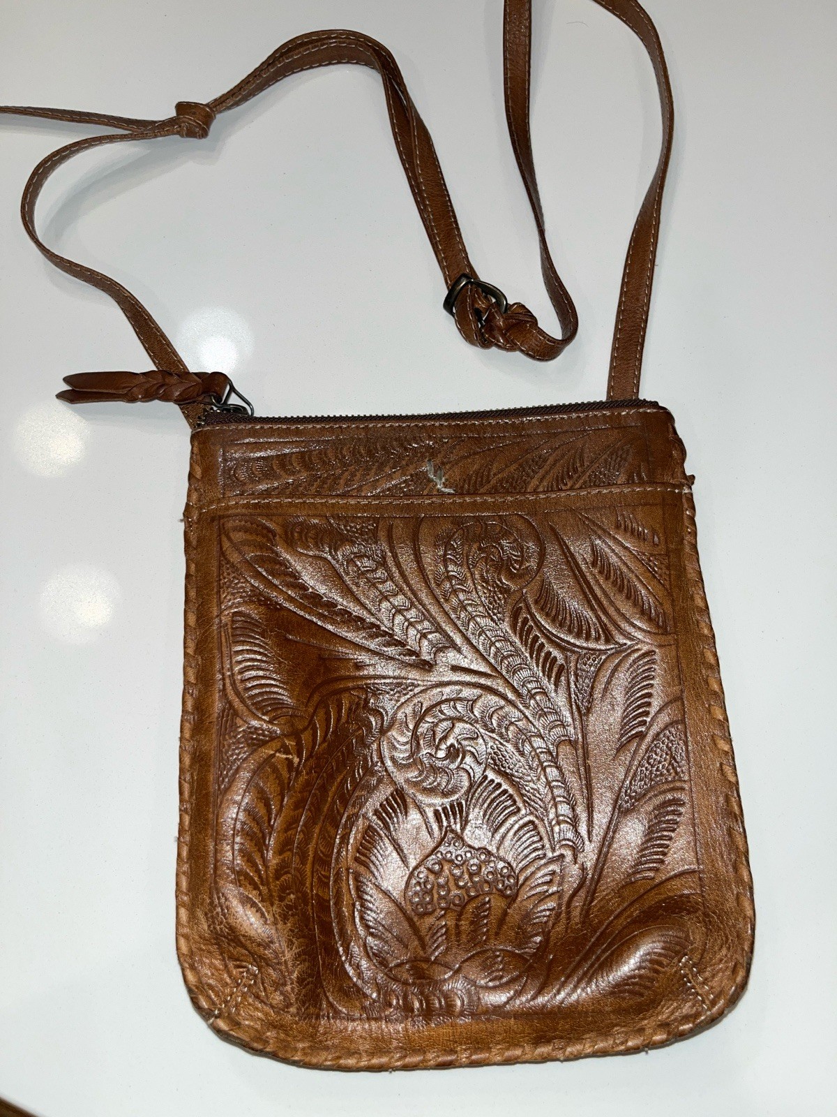 Leaders…Leather Tooled Brown Crossbody/Handbag… Made in Paraguay
