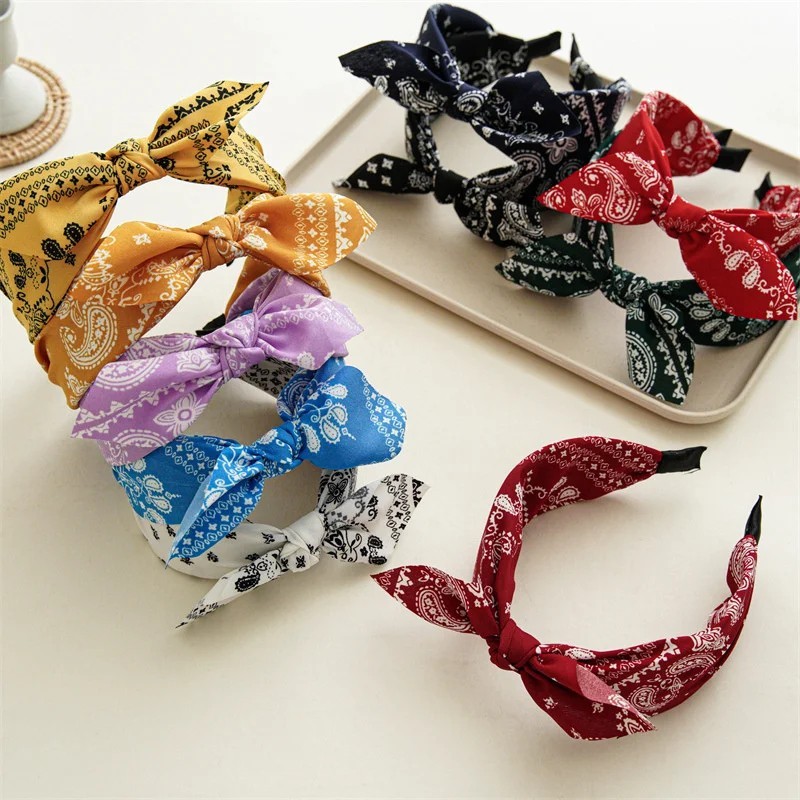 Fashion Paisley Bandana Headband for Women Top Knotted Bow Hairbands Cute Rabbit
