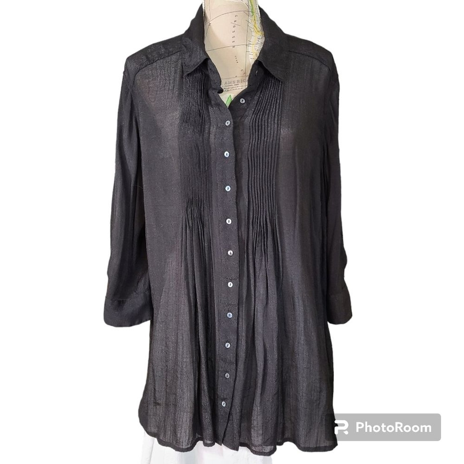 ALFANI Black Size 2X Pintuck Pleated Button-Down Shirt Lightweight Linen Texture