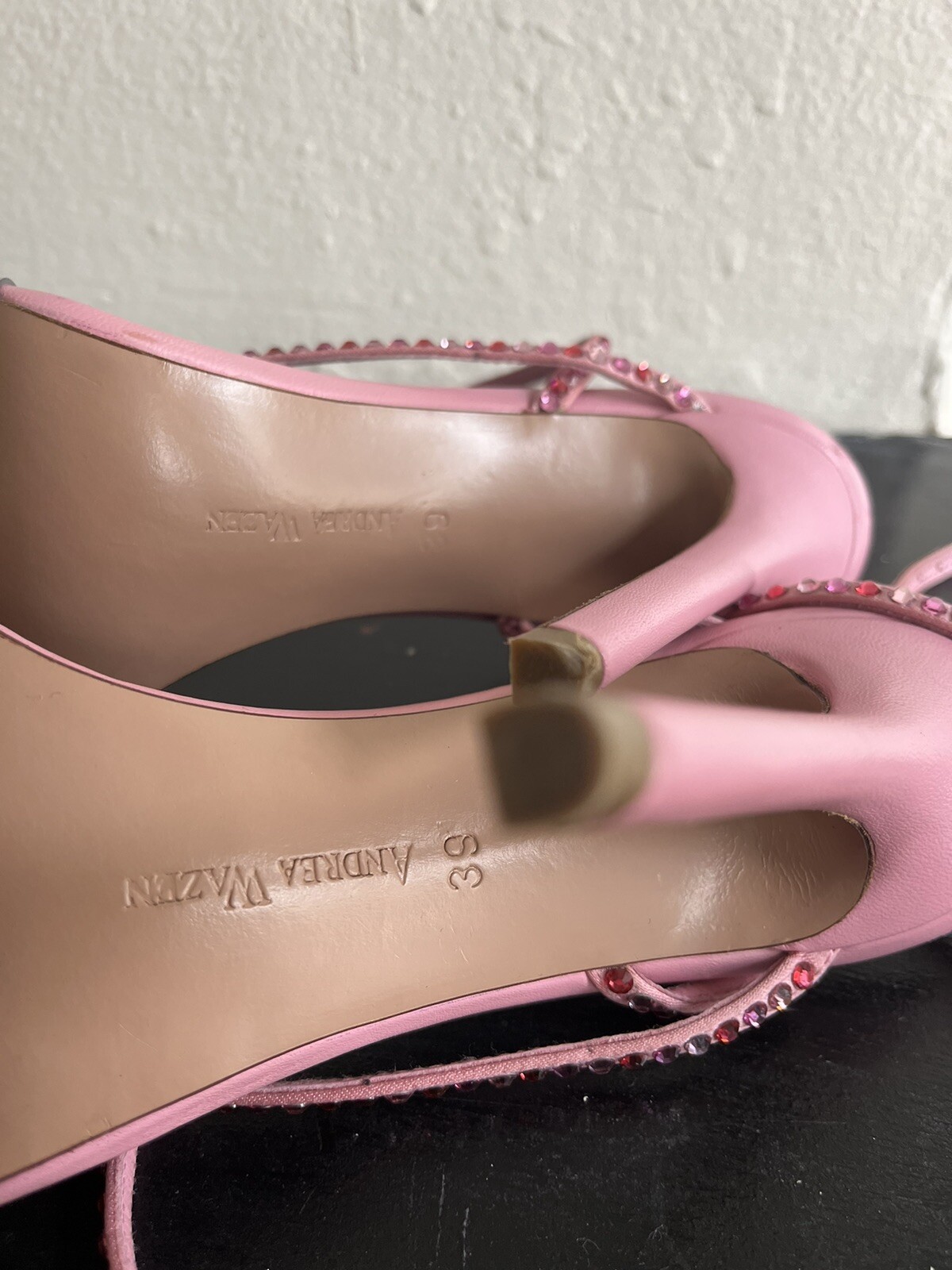 Andrea Wazen Dassy Crystal Pink Leather Heeled Satin Sandals Size 39