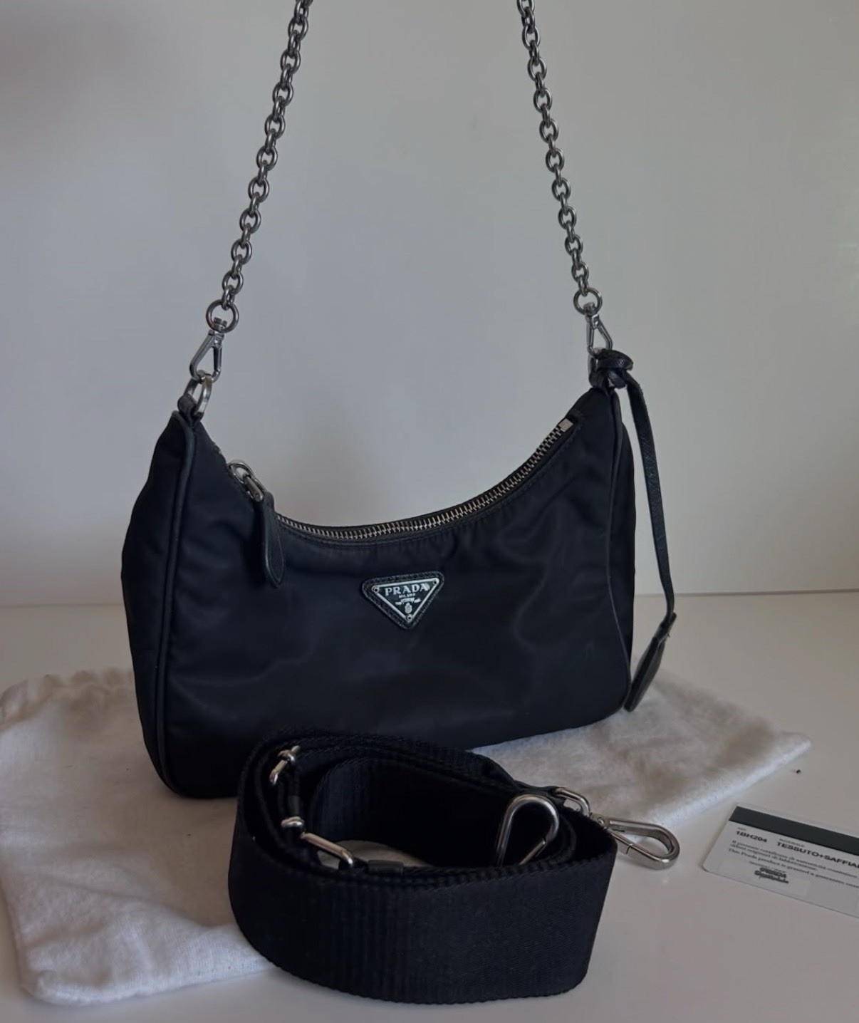 PRADA Black Shoulder Bag Zip Closure w/ Chain & Detachable Strap Dust Bag