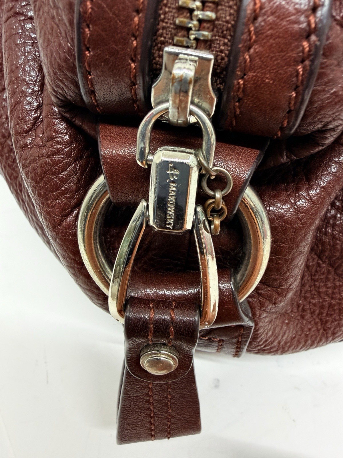 B. Makowsky Brown Pebbled Leather Shoulder Bag Satchel Purse Braided Handles