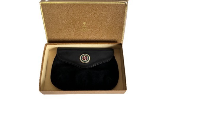 Vintage Gucci Black Suede Leather Clutch Enamel GG Logo Original Box