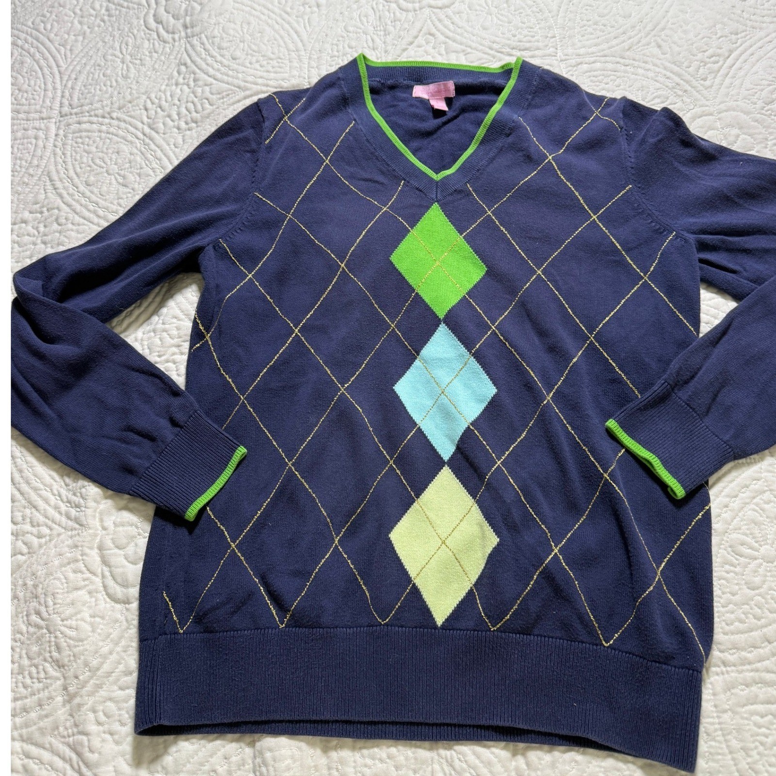 Lilly Pulitzer V-Neck Sweater Womens Large Navy Blue Argyle Gold Metallic Trim