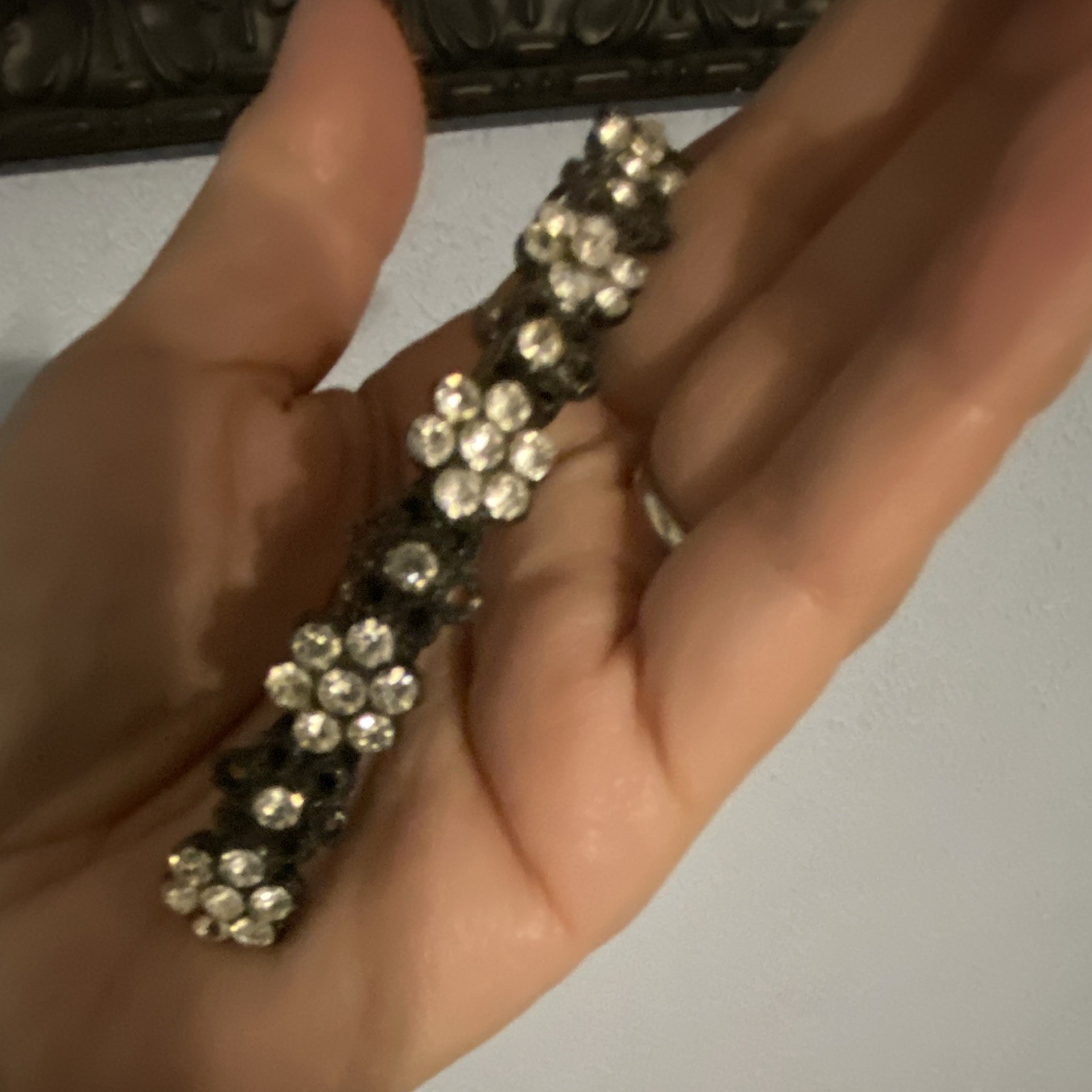 Rhinestone Flower Barrette Hair Clip, Black & Silver Metal Floral Accent