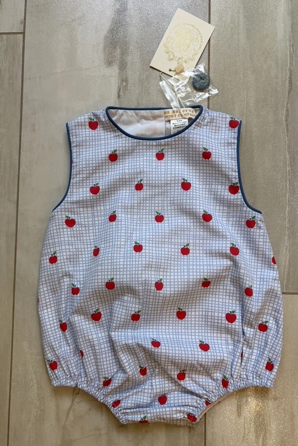New! Beaufort Bonnet Company Preppy Blue Check Apple Benjamin Bubble Romper 0-6M