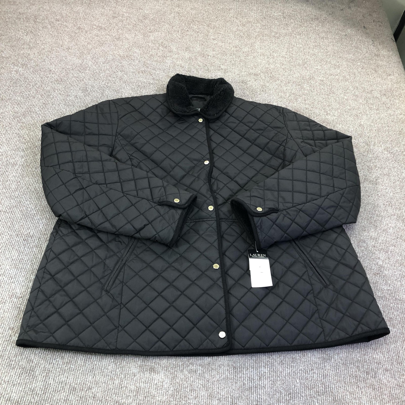 Lauren Ralph Lauren Quilted Jacket Womens 2X Plus Black Faux Fur Snap Lined