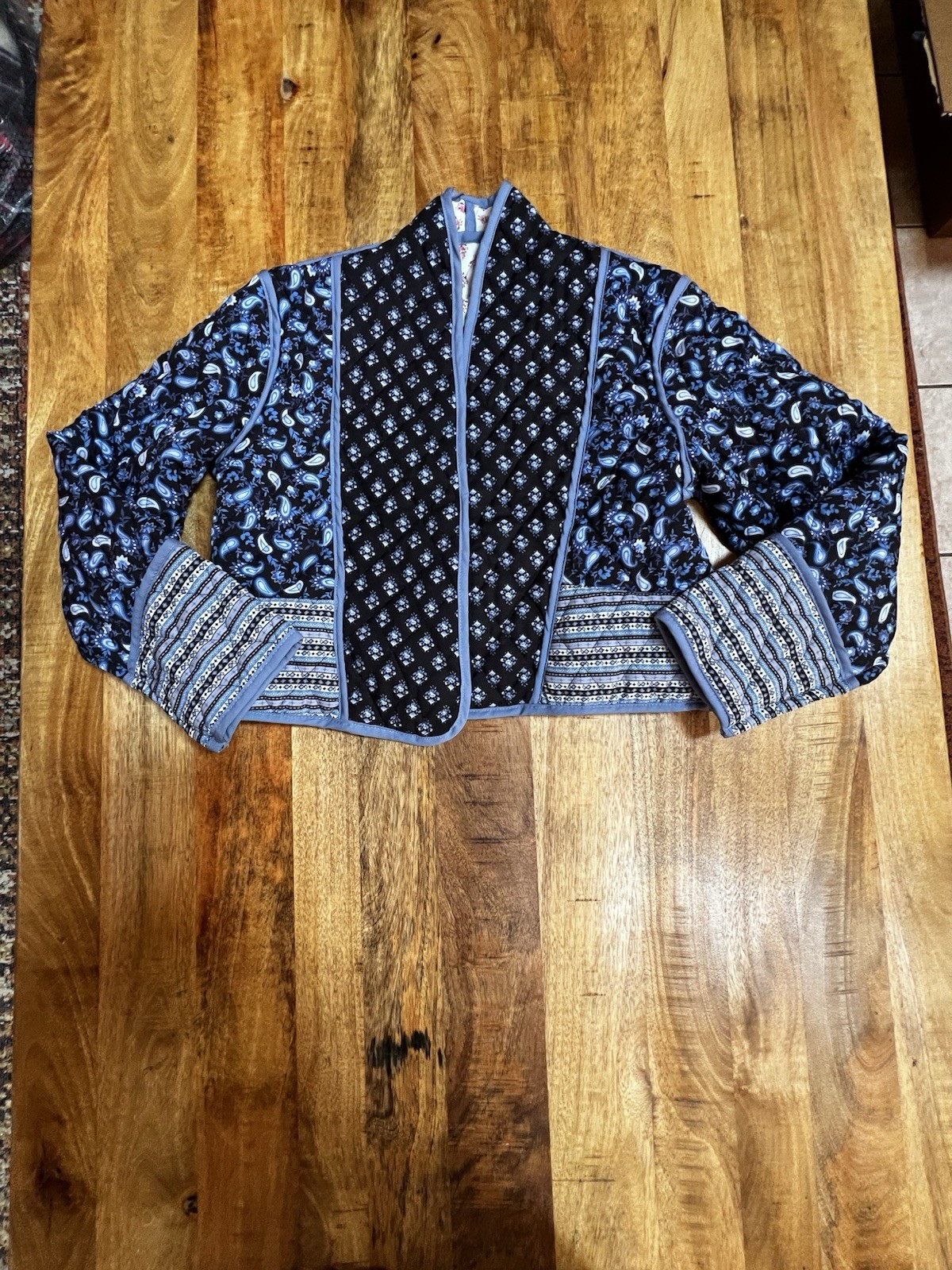 Women Reversible Quilted Cropped Jacket Open Front Boho Cottagecore Floral Sz S