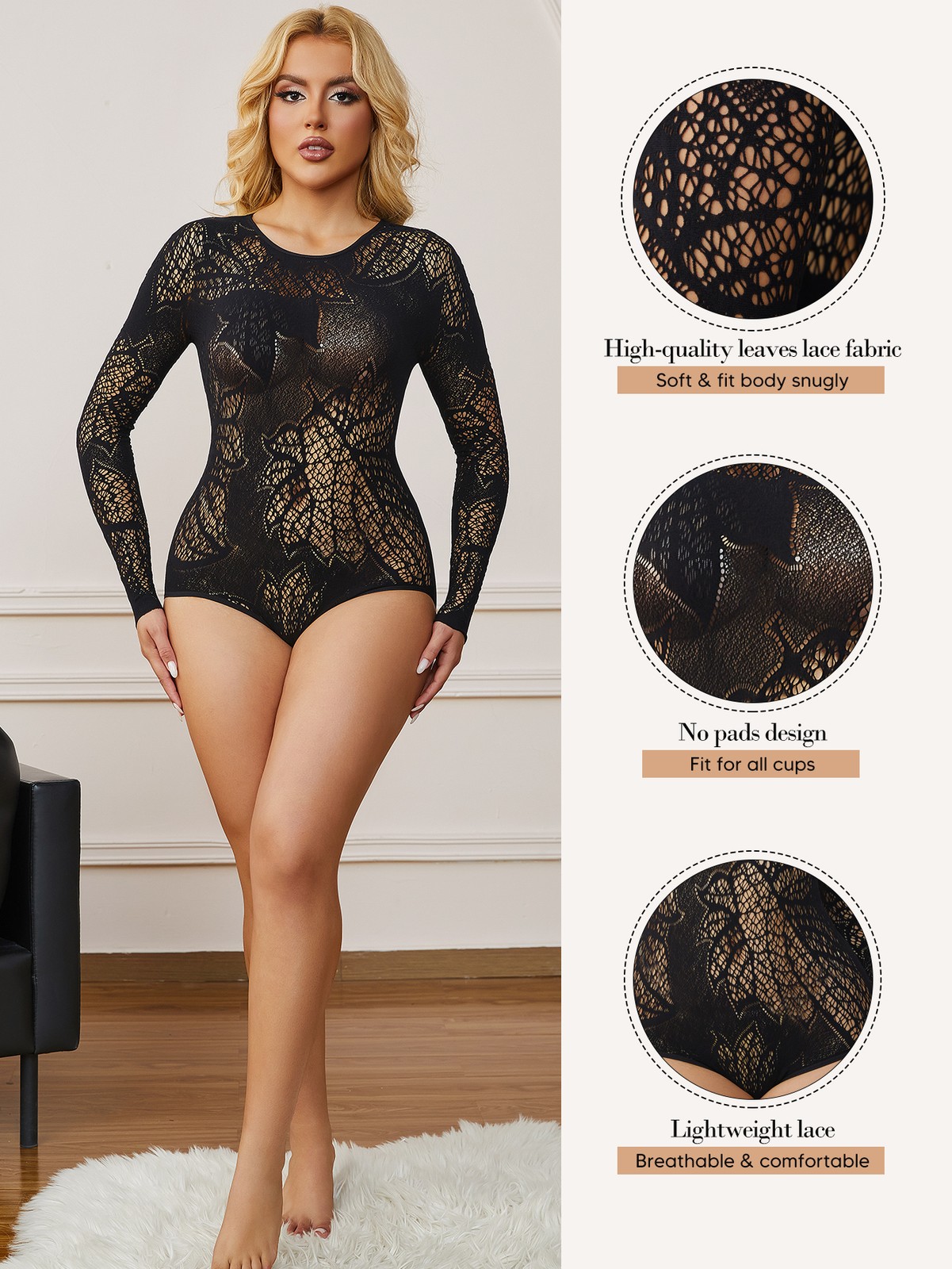 US STOCK Women’s Lace See Through Long Sleeve Sheer Mesh Romper Bodysuit Black