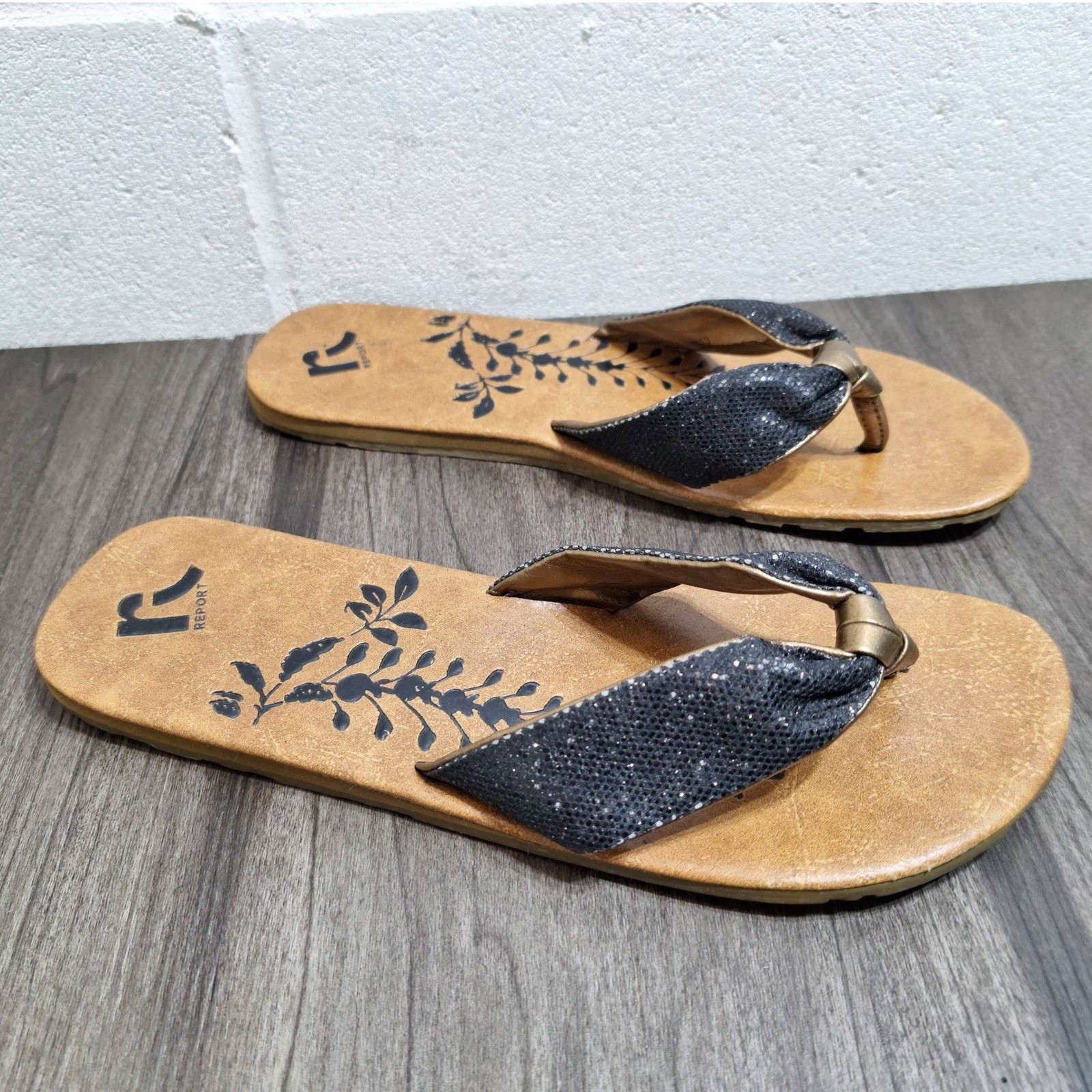 Report Ebben Womens 9 Flip Flop Sandals Black Glitter Gold Knot Tan Floral Flat