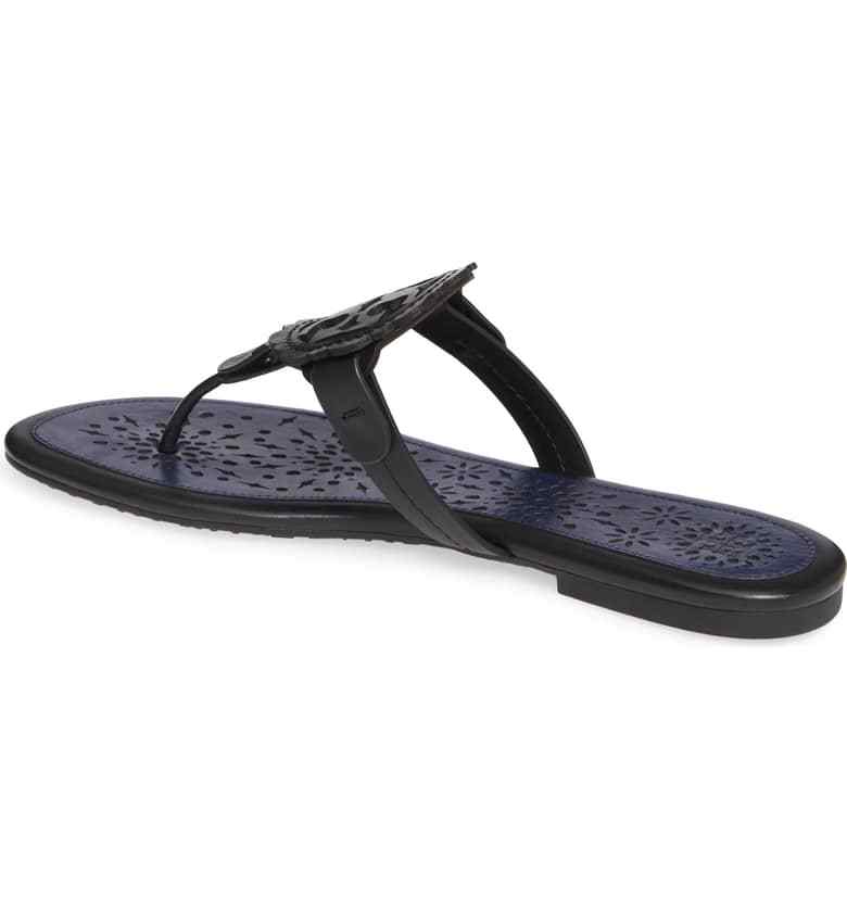NIB Tory Burch Miller Leather Scallop Logo Flat Sandal Thong Black $228