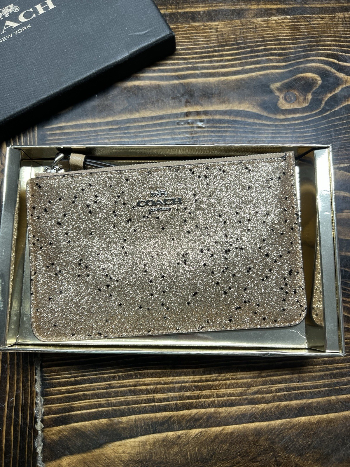 Coach Star Glitter Gold Printed Coated Canvas Corner Zip Wristlet Wallet