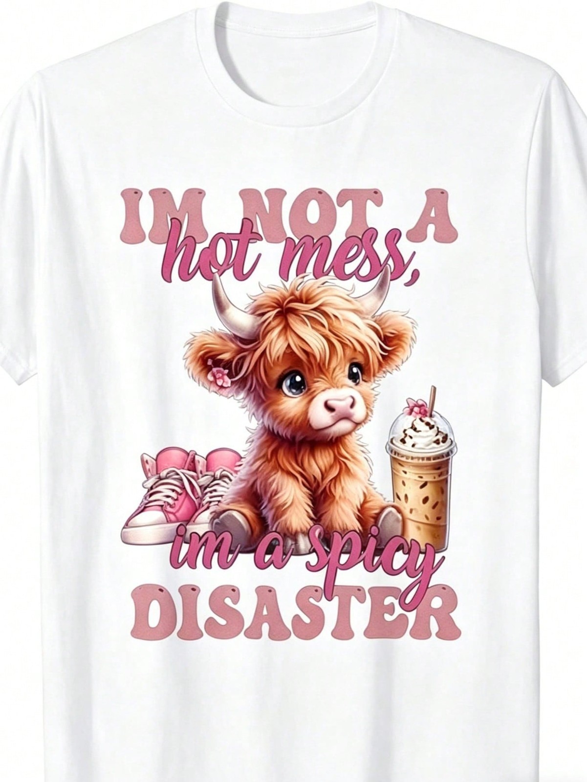 Women’s ‘I’m Not A Mess’ T-Shirt Cute Pink Highland Cow T-Shirt Round Neck