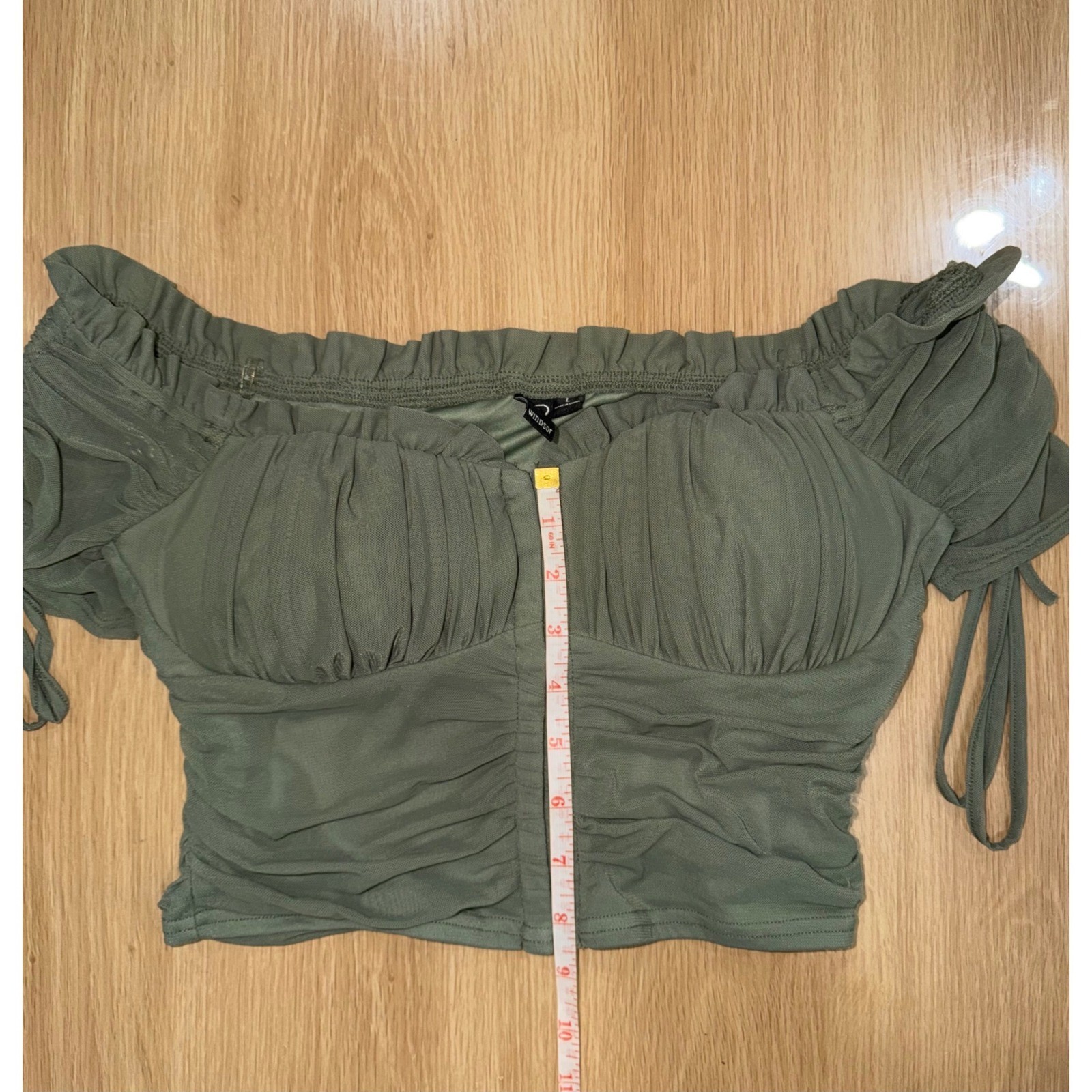 Windsor Sage Green Mesh Ruched Off Shoulder Crop Top