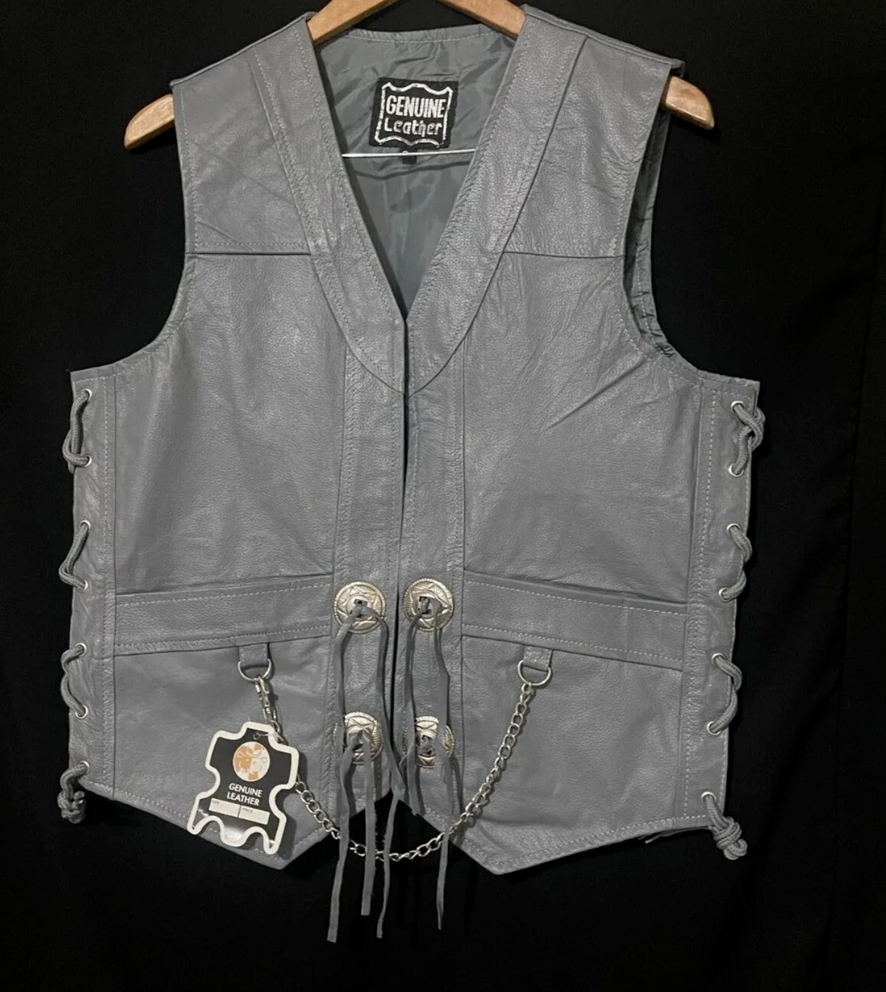 Mens GRAY Original COW LEATHER Vest Chain Concho Motorcycle Biker Waistcoat NEW