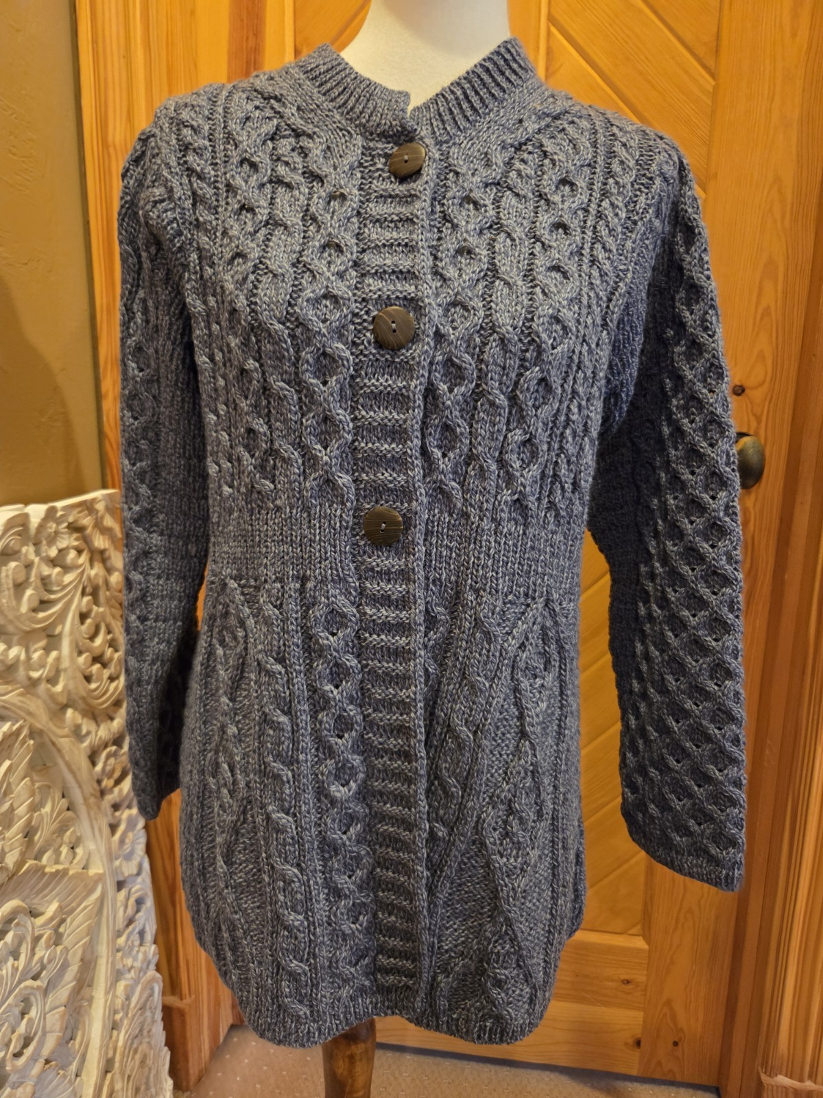 NWT Aran Crafts 100% Merino Wool Denim Blue Cable Knit Cardigan M