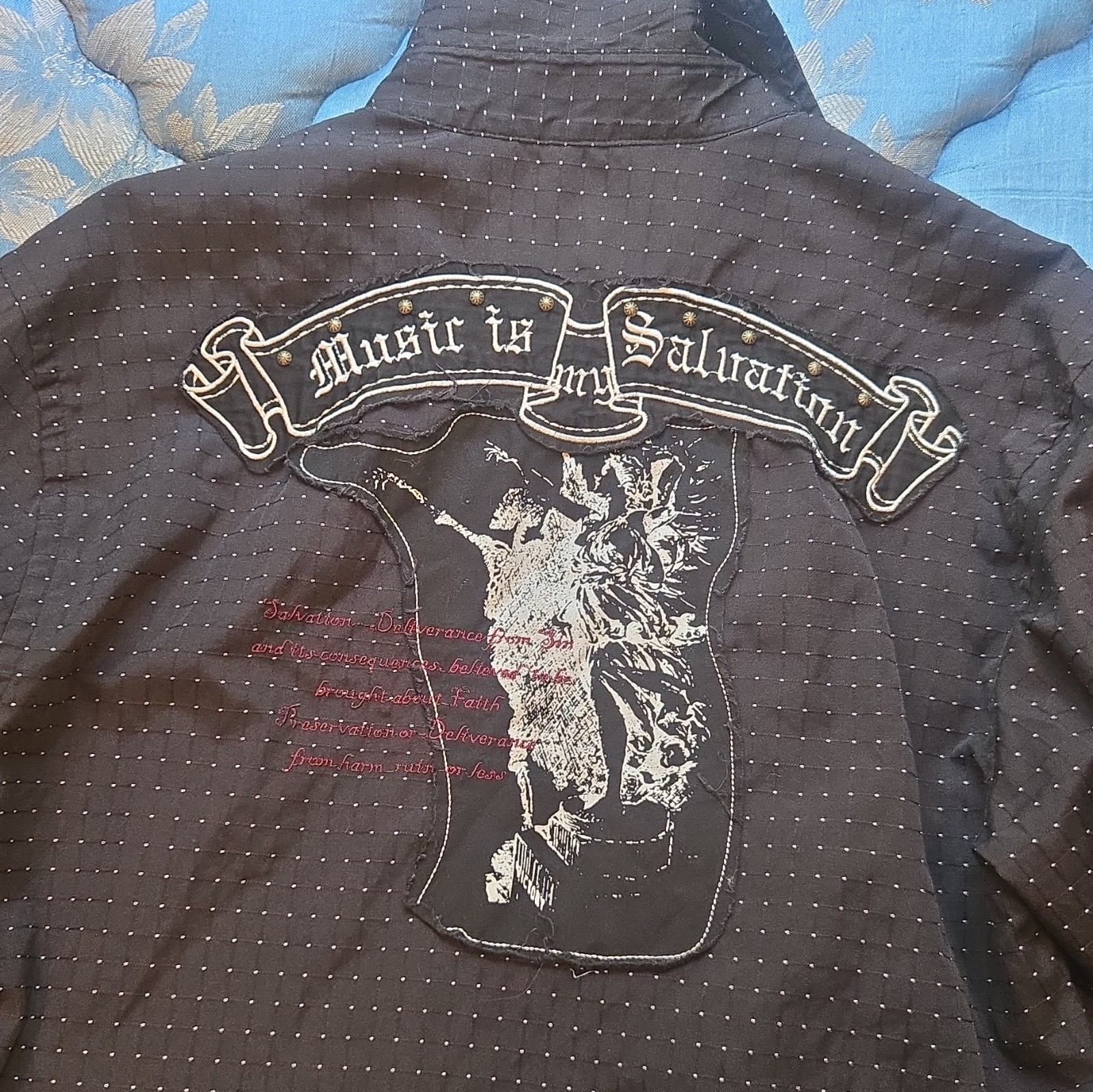 Men’s Large Da Vinci Fender Guitar Button Down Shirt Music is Salvation
