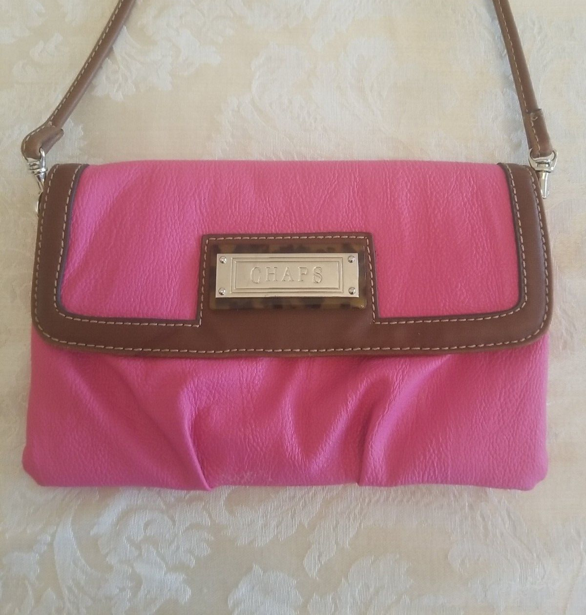 Chaps Crossbody/Clutch Purse Pebble Grain Man-Made Material Pink/Brown ~ B