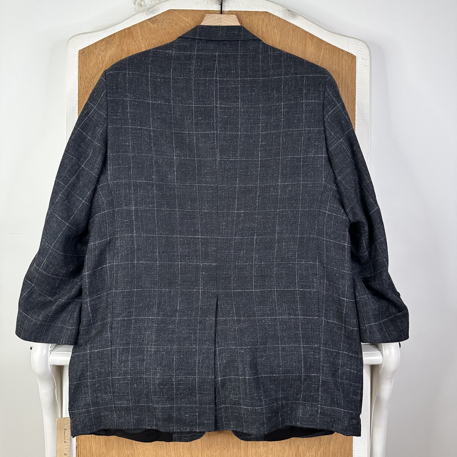 Majer Blazer Mens 44R Gray Windowpane 2 Button Silk Linen Wool Canvased Jacket