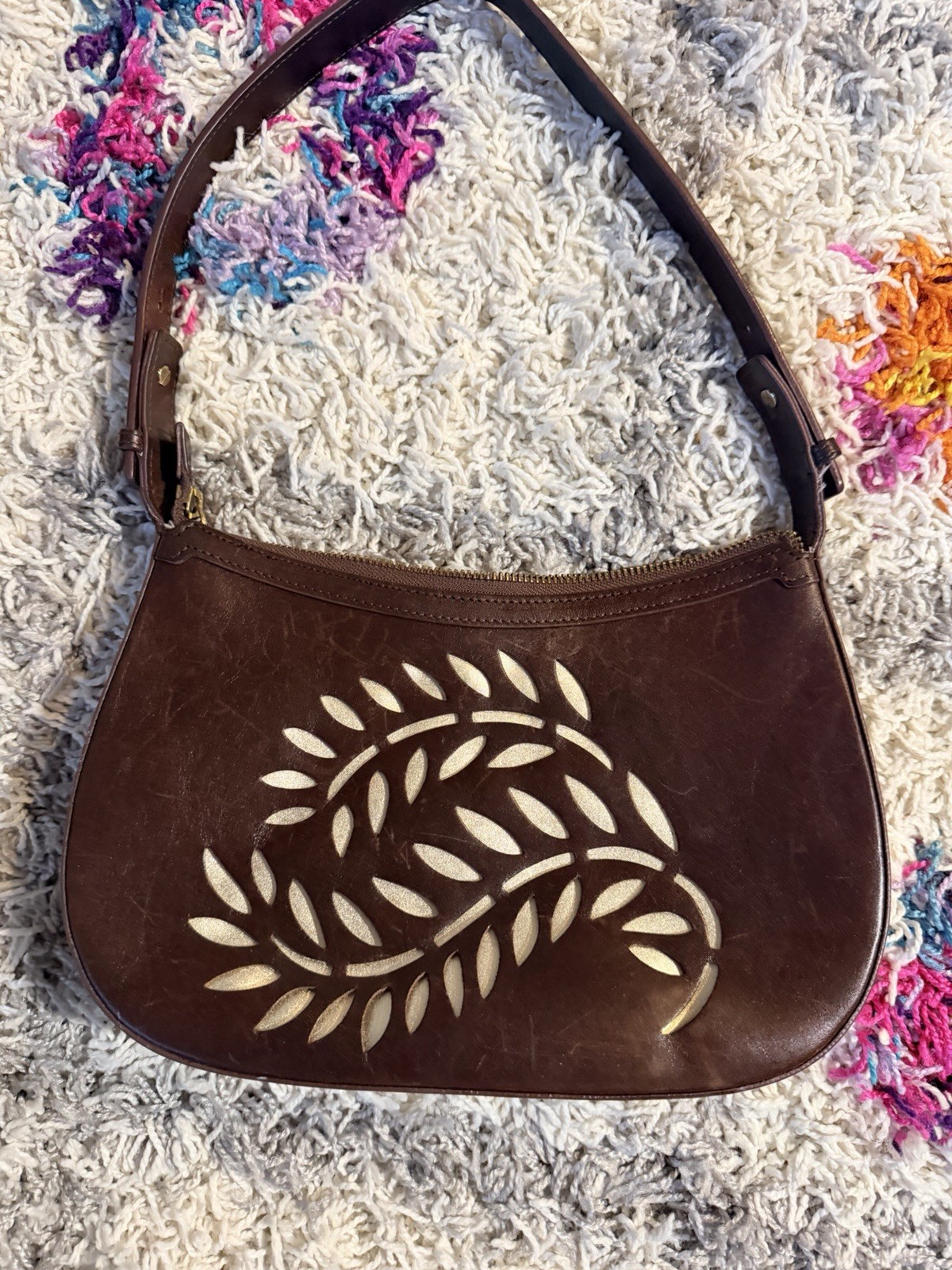 Tommy Bahama 100% Leather Brown Shoulder Bag with Leaf Cutout
