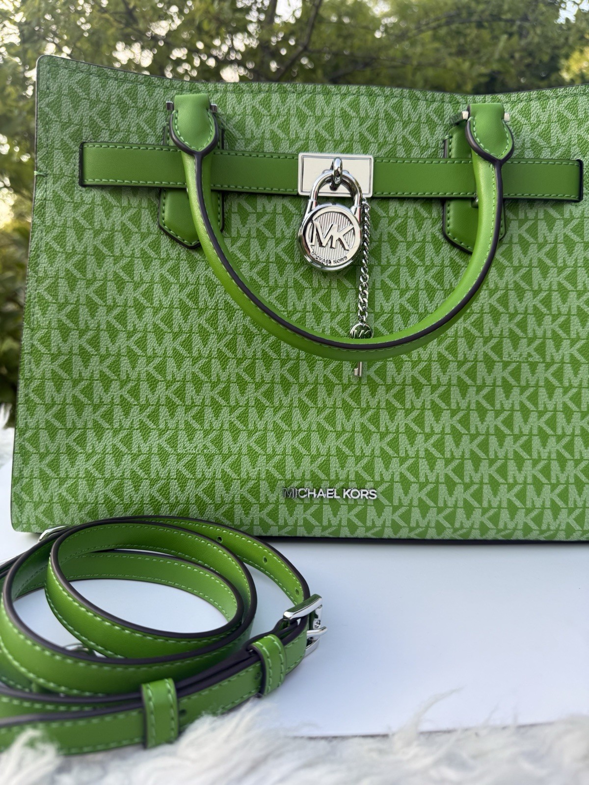 Michael Kors Medium Hamilton Satchel MK Logo Leather Jungle Green Crossbody