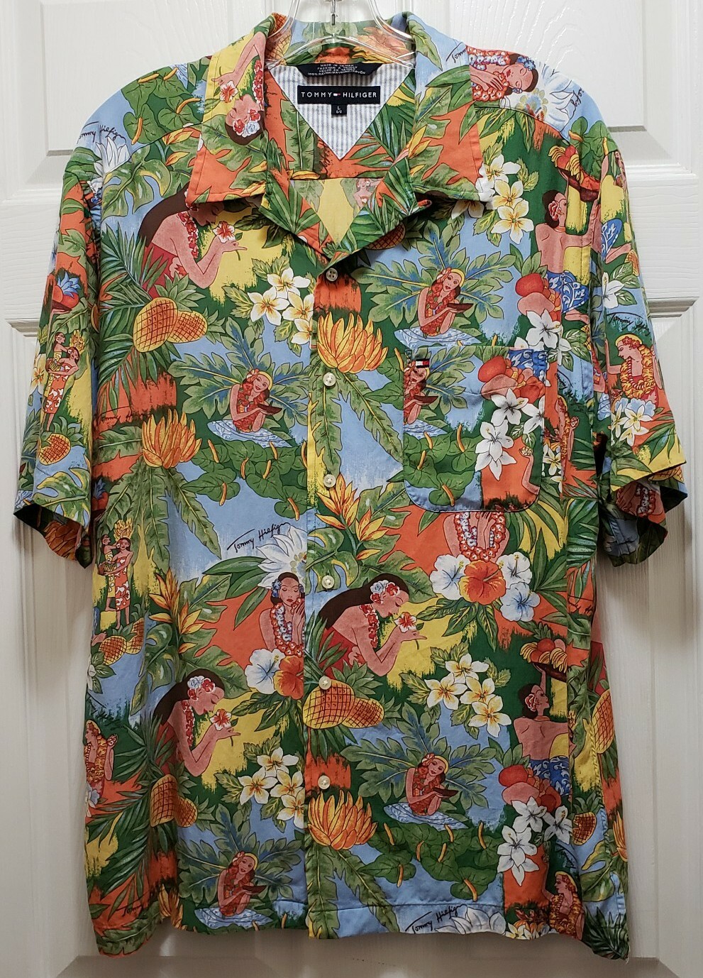 Tommy Hilfiger Colorfull Hawaiian SS Button Up Shirt Mens L Camp Floral Vintage