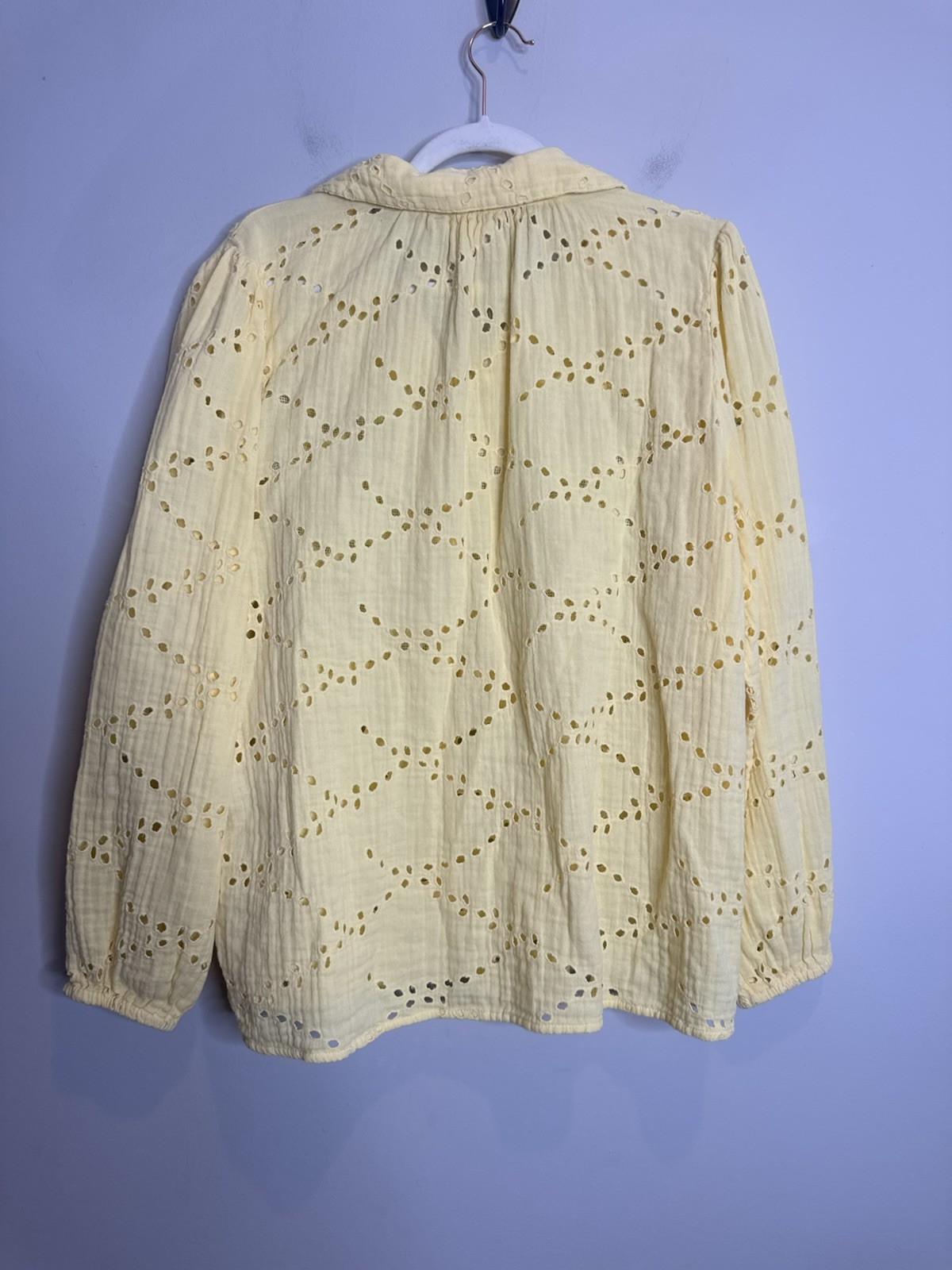 LOGO Lavish Eyelet Lace Blouse Butter Yellow Boho Cottagecore Button XL Spring