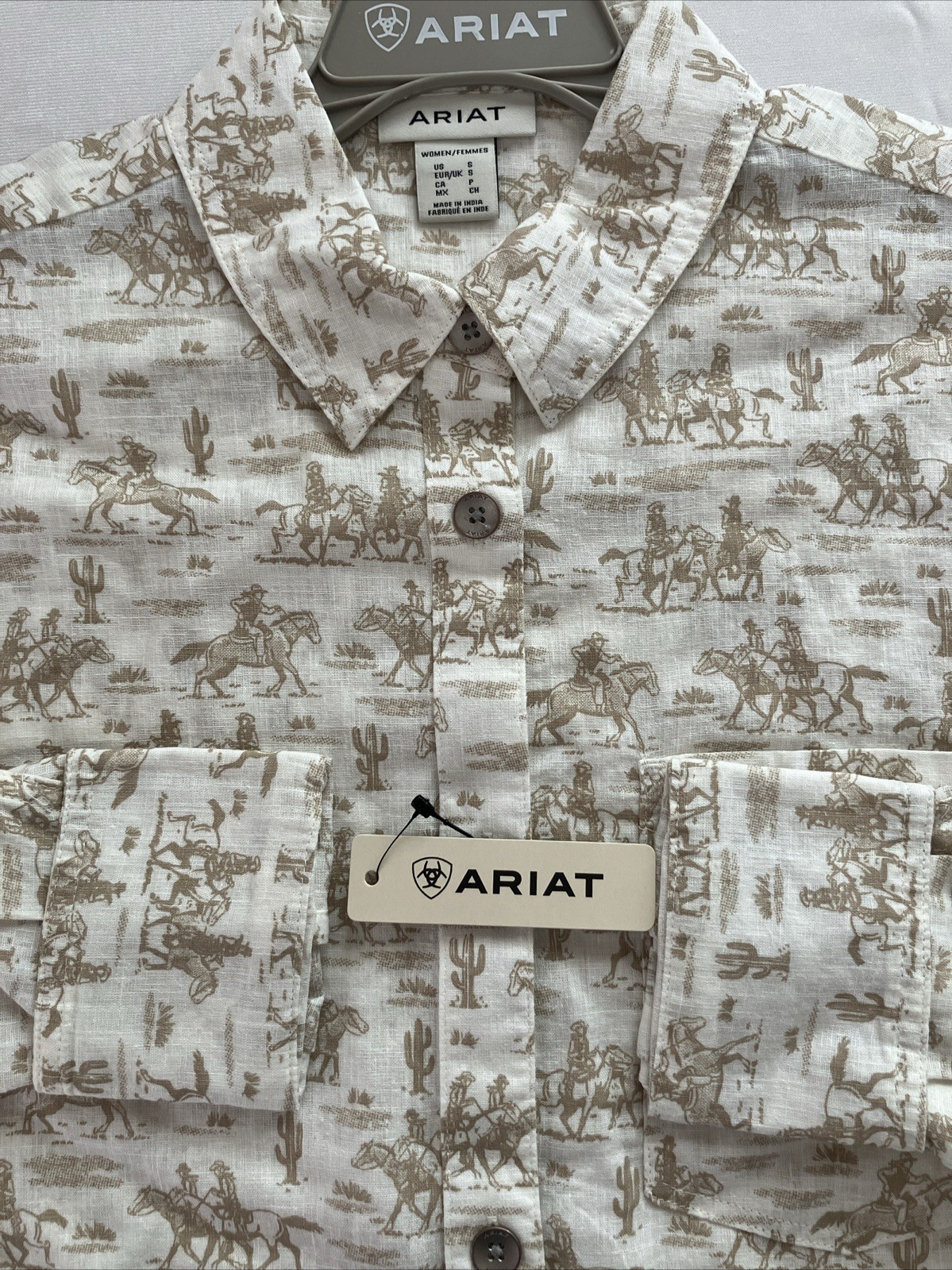 Ariat Horse Print Shirt Womens Small Western Linen Blend Button Up Layering NWT