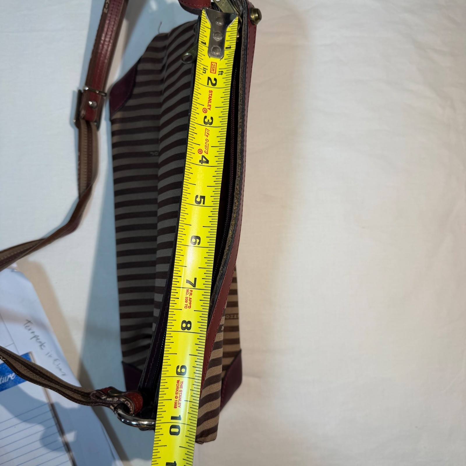 Vintage John Romain Striped Crossbody Bag Brown Burgundy Leather Trim Lion Crest